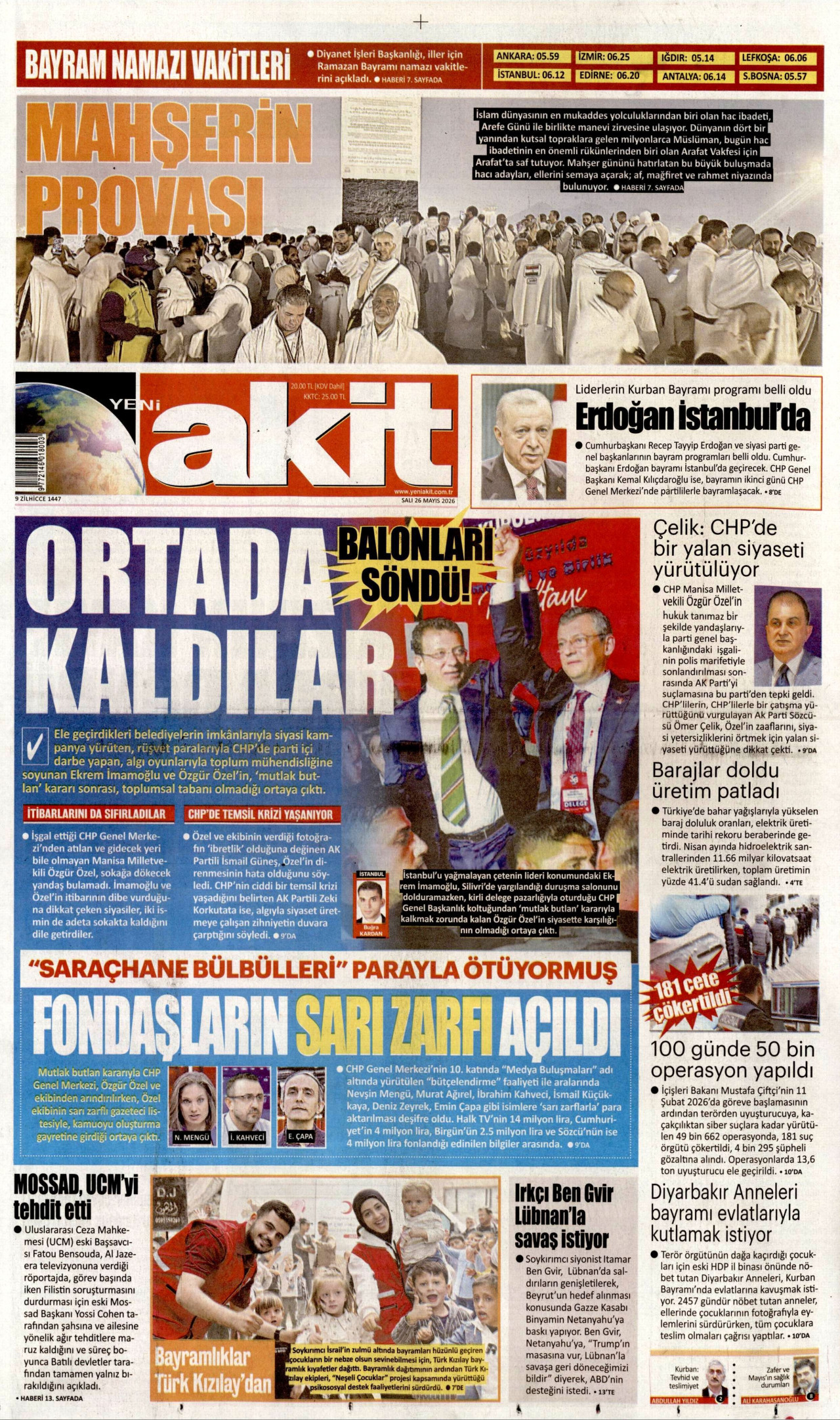 Yeni Akit Gazetesi Manşeti - 26 Mayıs 2026 Birinci Sayfa