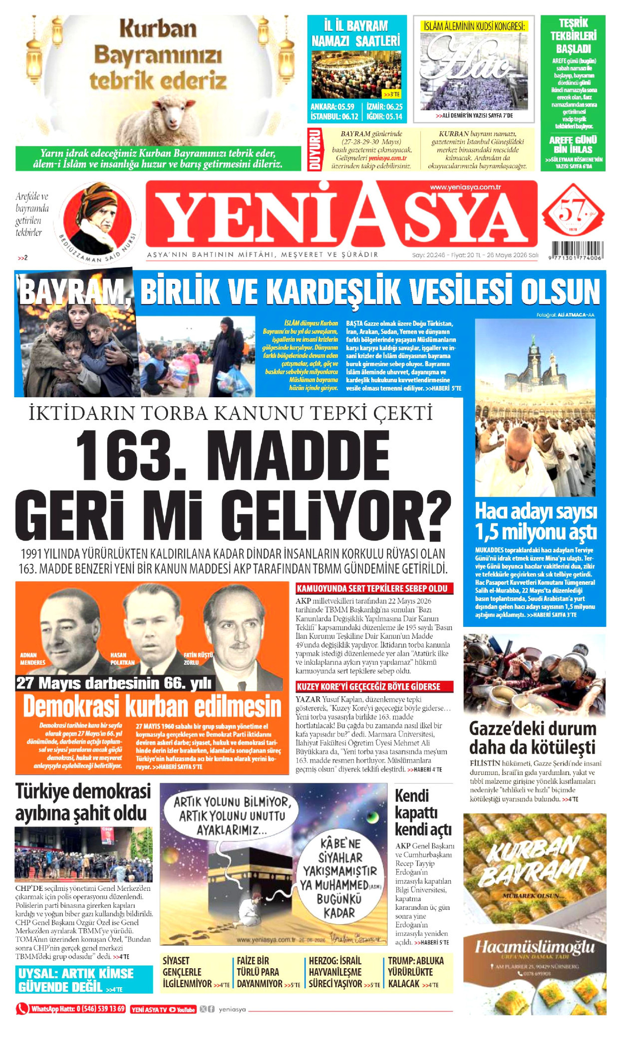Yeni Asya Gazetesi Manşeti - 26 Mayıs 2026 Birinci Sayfa