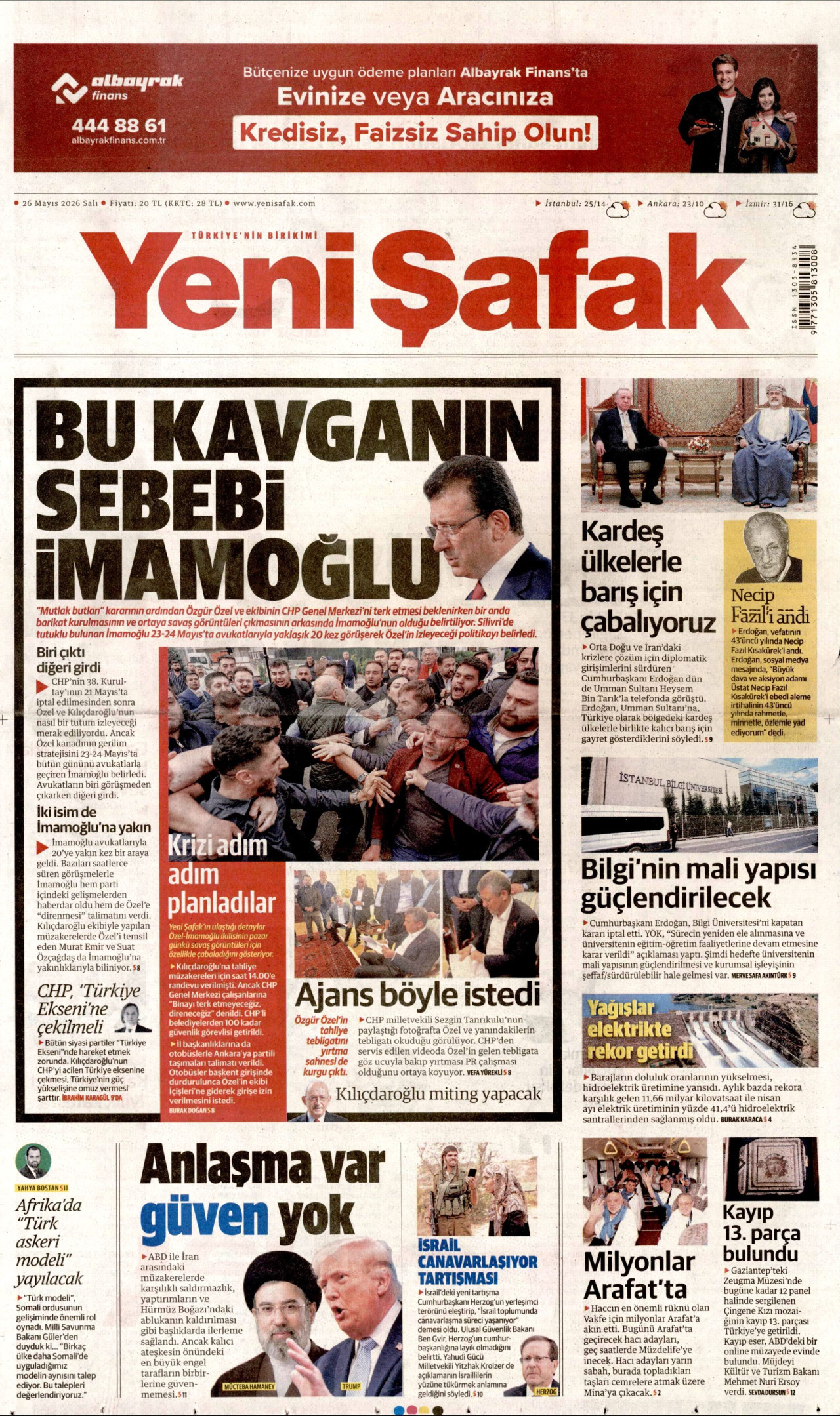 Yeni Şafak Gazetesi Manşeti - 31 Mayıs 2026 Birinci Sayfa