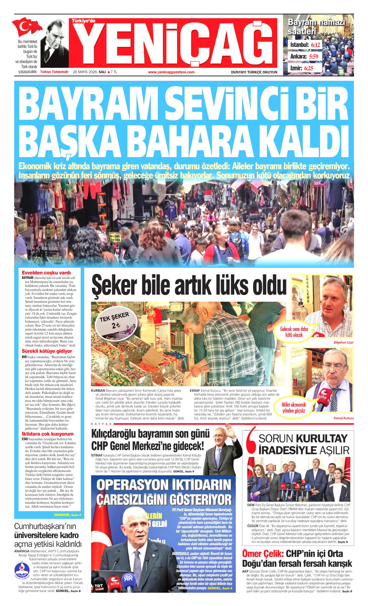 Yeniçağ Gazetesi Manşeti - 26 Mayıs 2026 Birinci Sayfa
