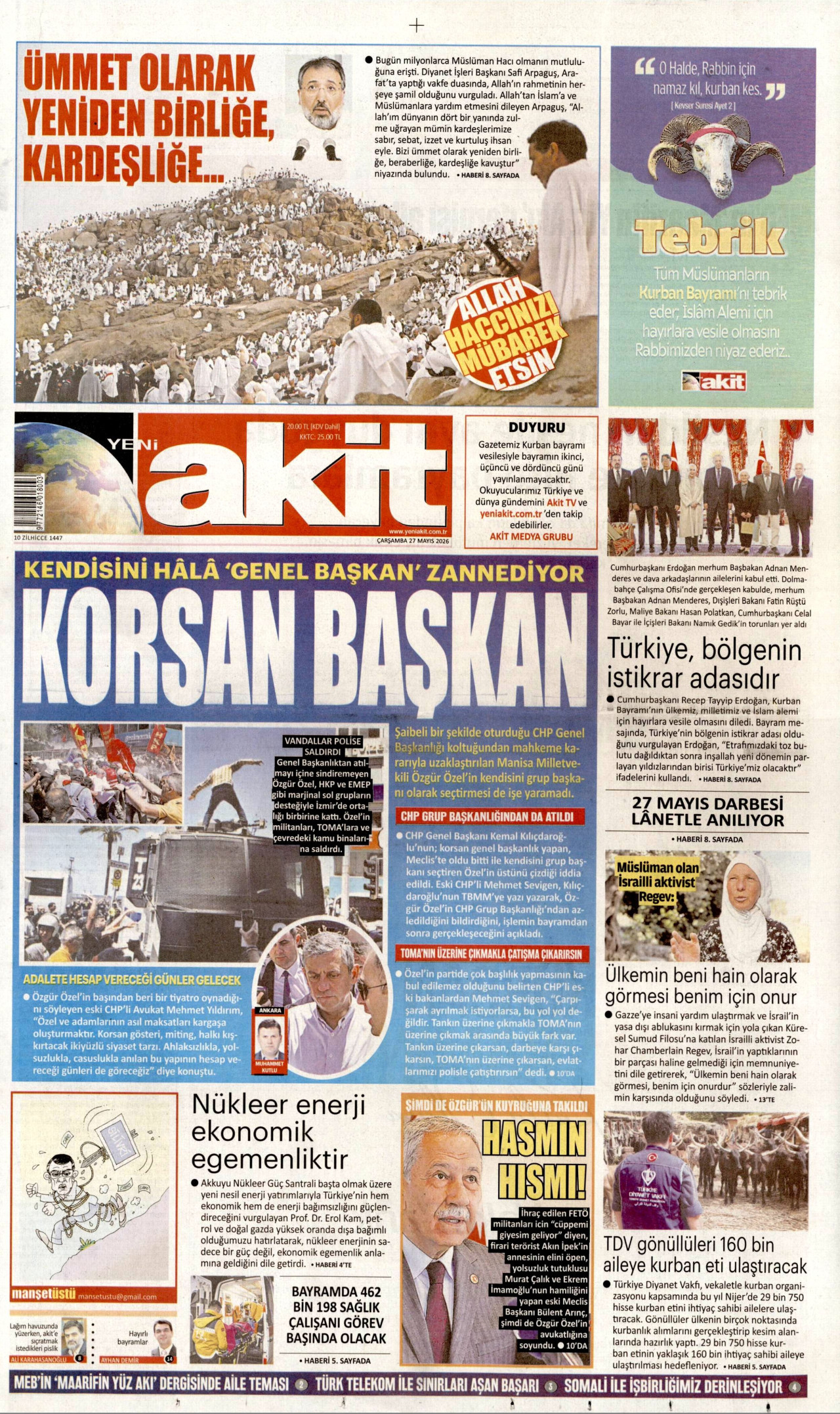 Yeni Akit Gazetesi Manşeti - 27 Mayıs 2026 Birinci Sayfa