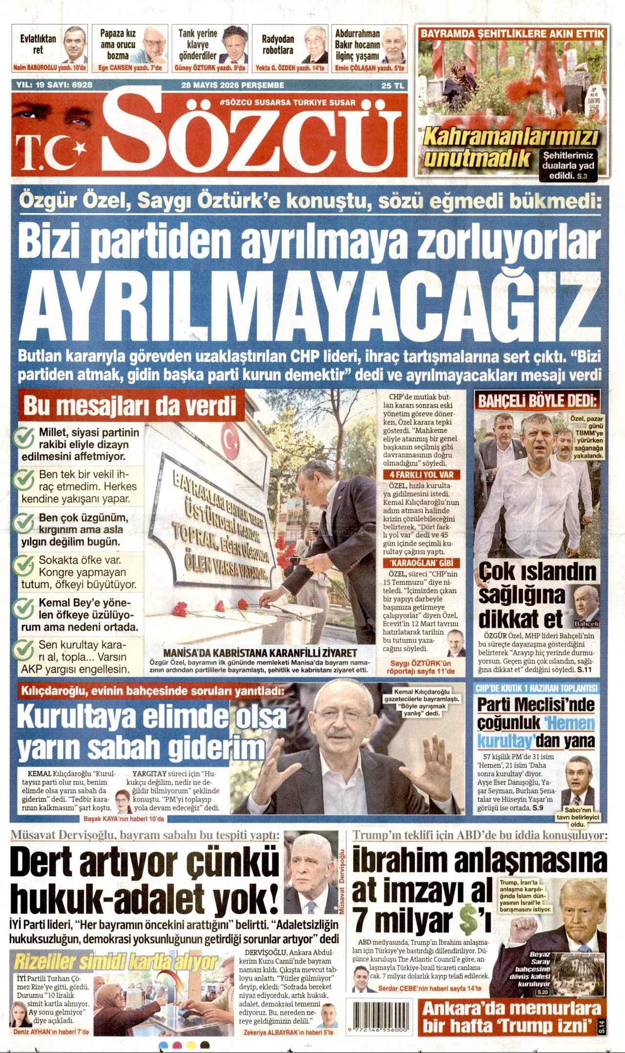 Sözcü Gazetesi Manşeti - 28 Mayıs 2026 Birinci Sayfa
