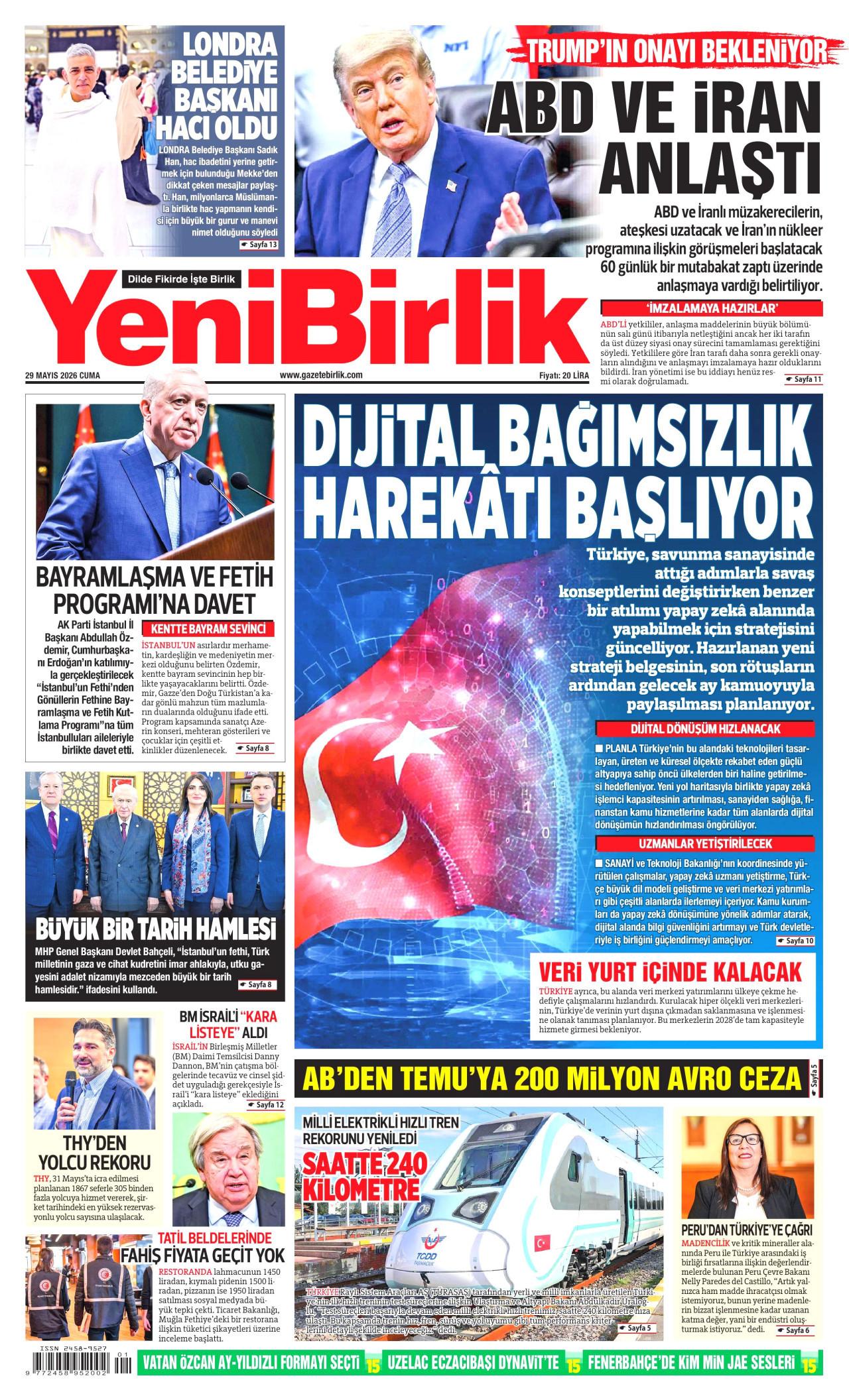 YeniBirlik Gazetesi Manşeti - 29 Mayıs 2026 Birinci Sayfa