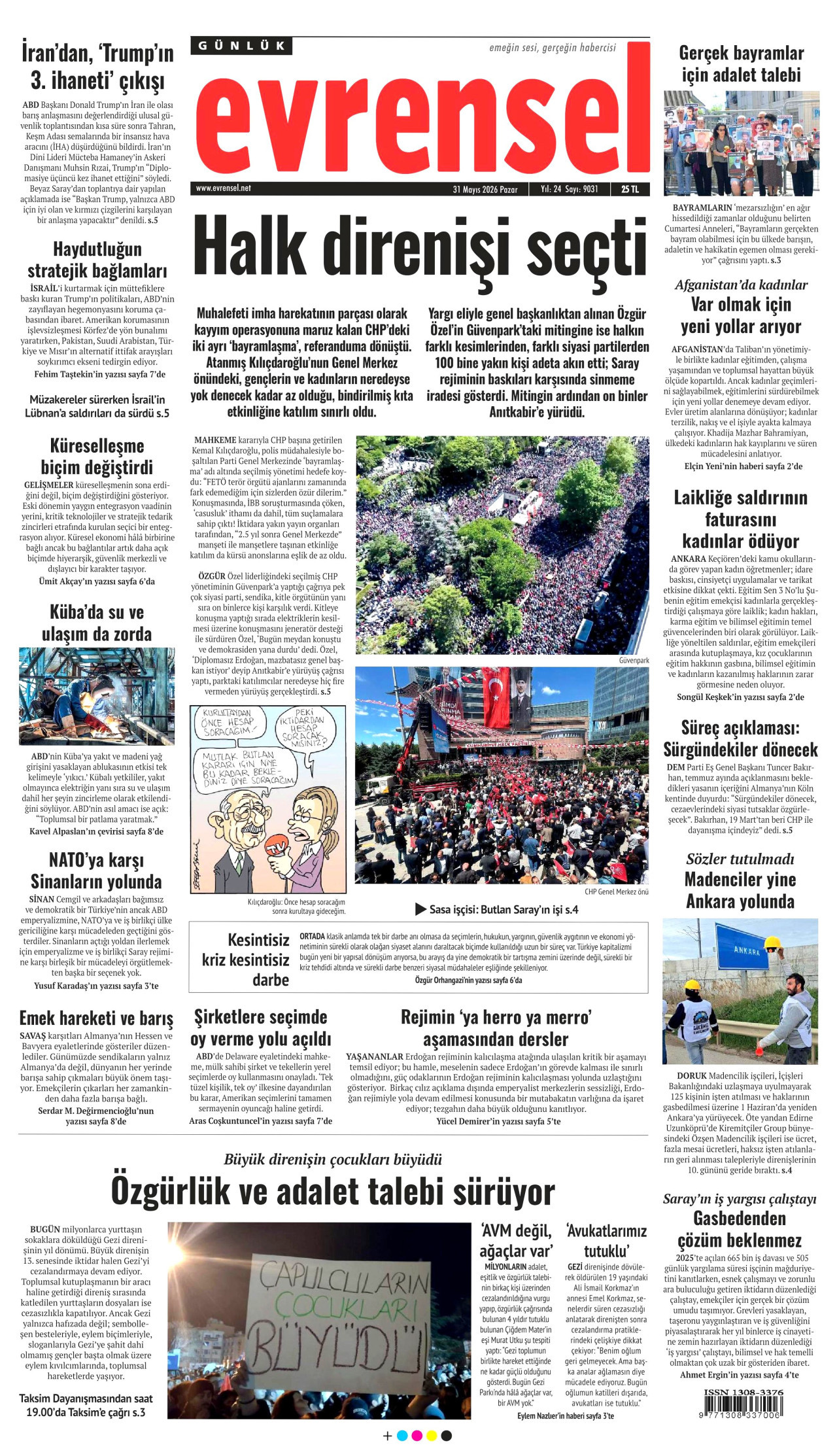 Evrensel Gazetesi Manşeti - 31 Mayıs 2026 Birinci Sayfa