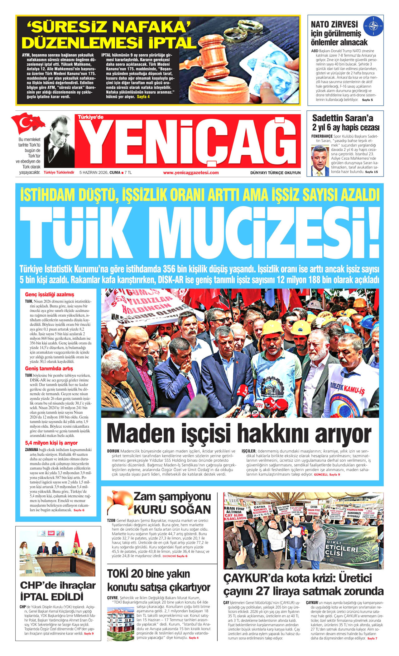 Yeniçağ Gazetesi Manşeti