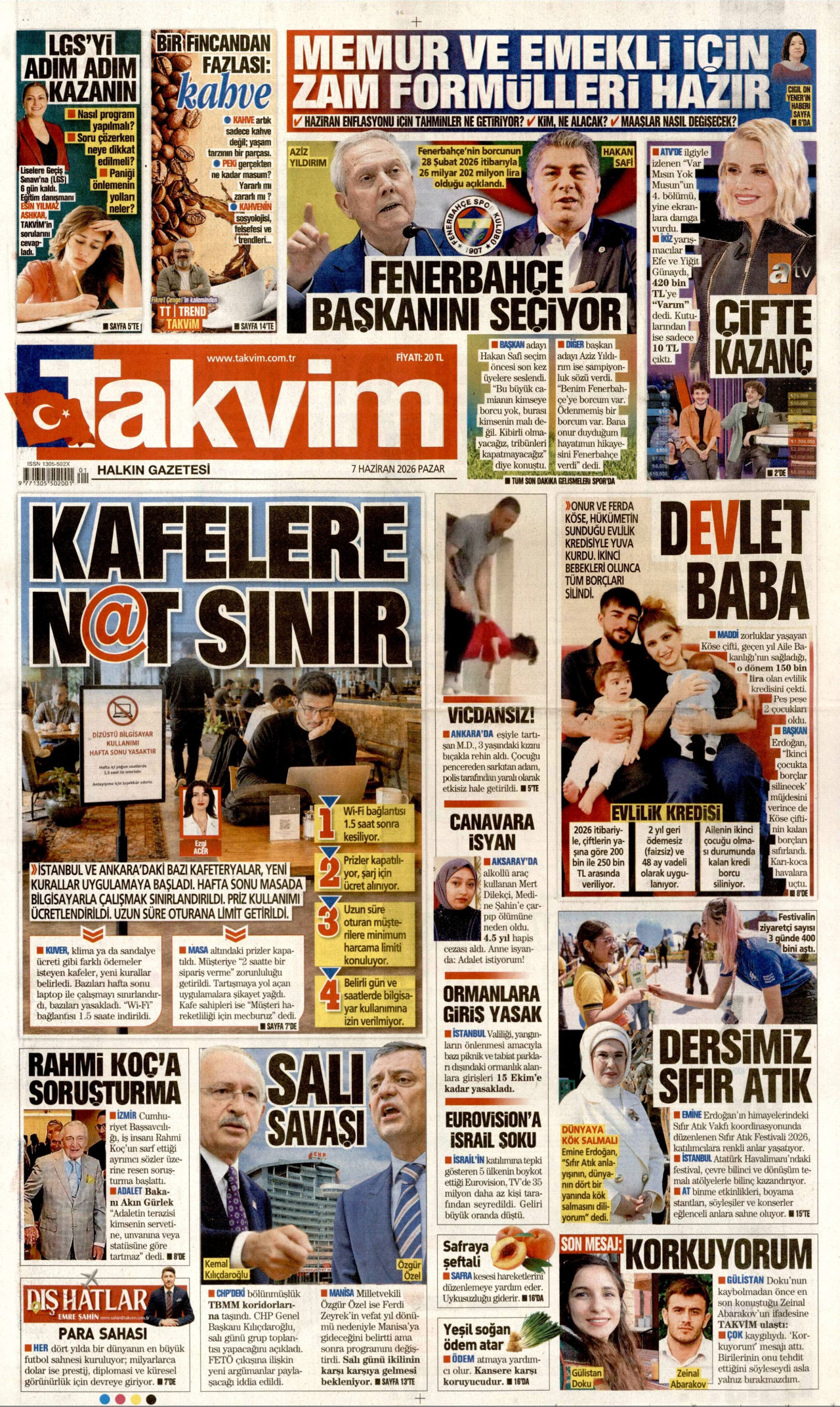 Takvim gazete manşeti 07 Haziran 2026 Pazar