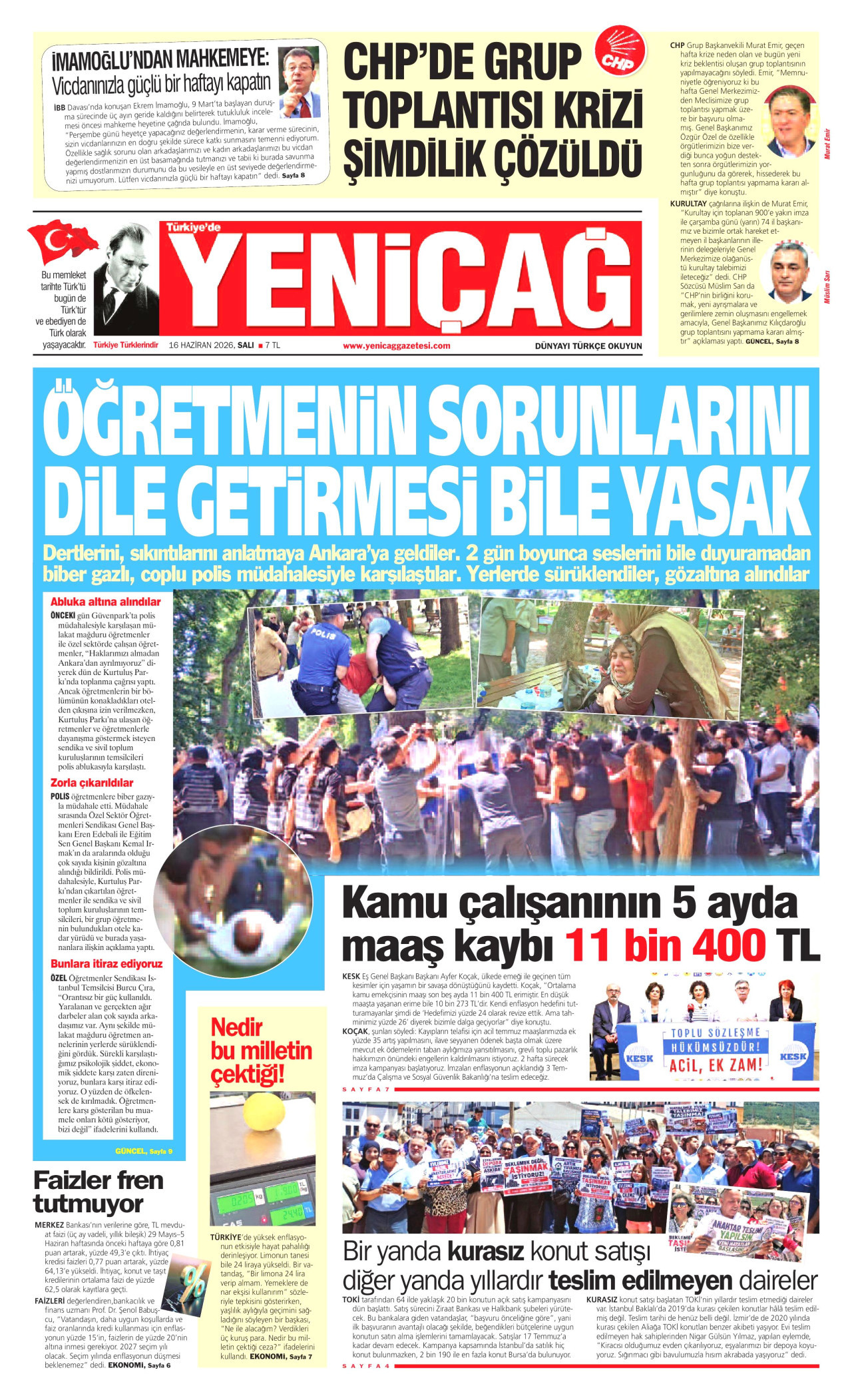 Yeniçağ Gazetesi Manşeti
