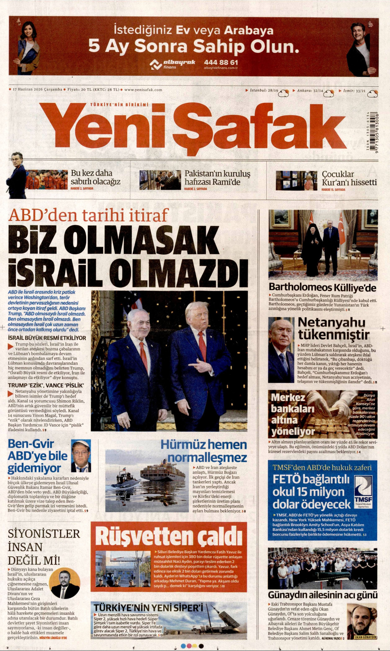 Yeni Şafak Gazetesi Manşeti