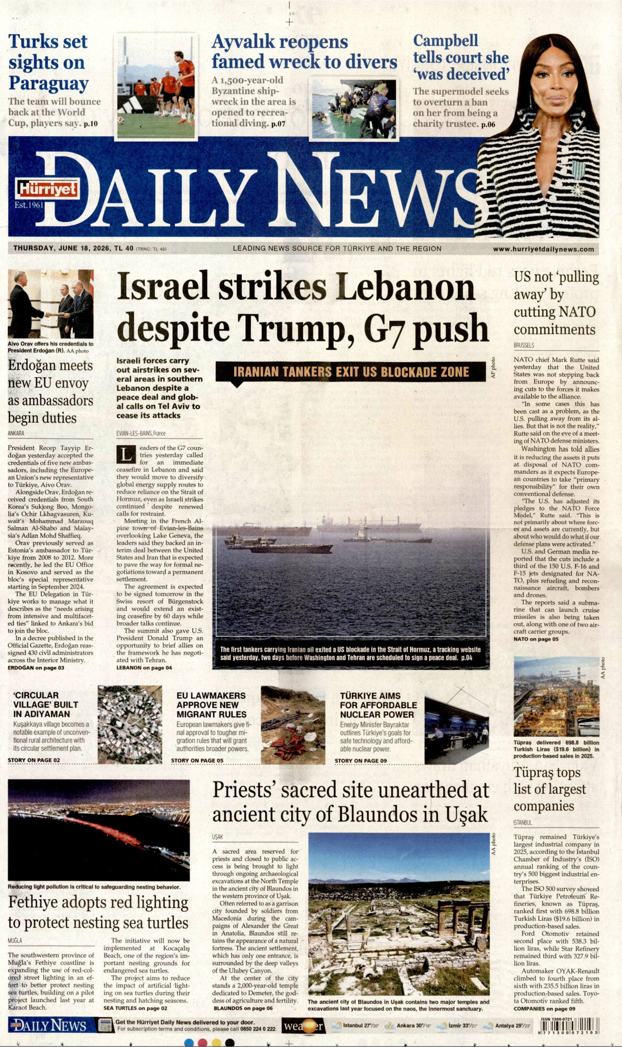 Hürriyet Daily News Gazetesi Manşeti - 18.06.2026