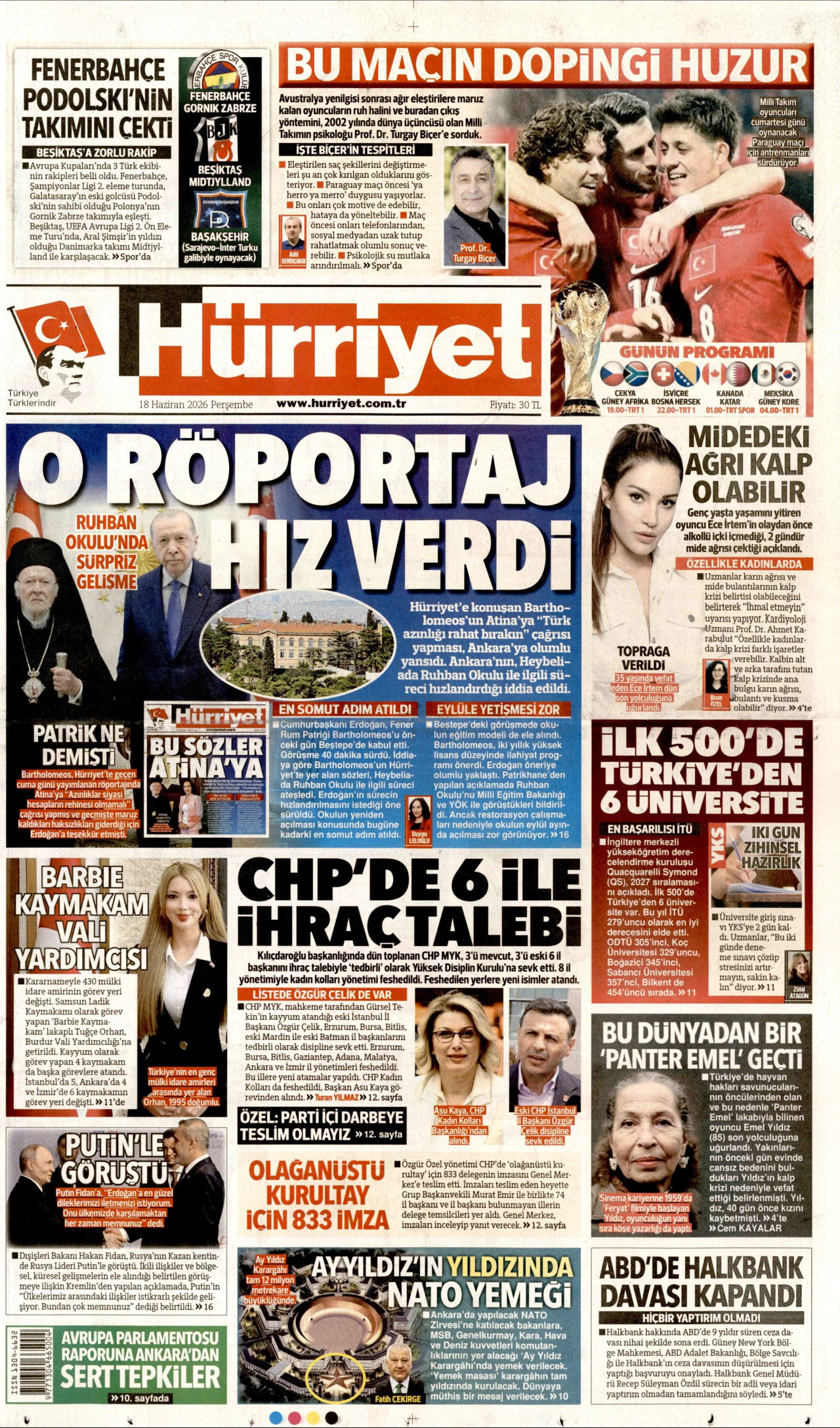 Hürriyet Gazetesi Manşeti - 18 Haziran 2026 Birinci Sayfa