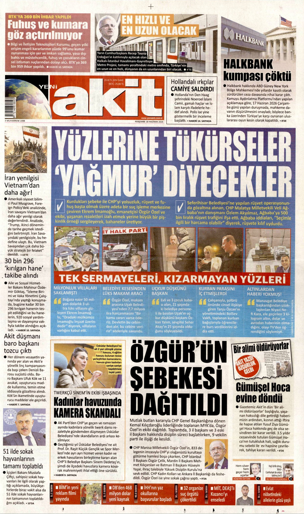 Yeni Akit Gazetesi Manşeti - 18 Haziran 2026 Birinci Sayfa