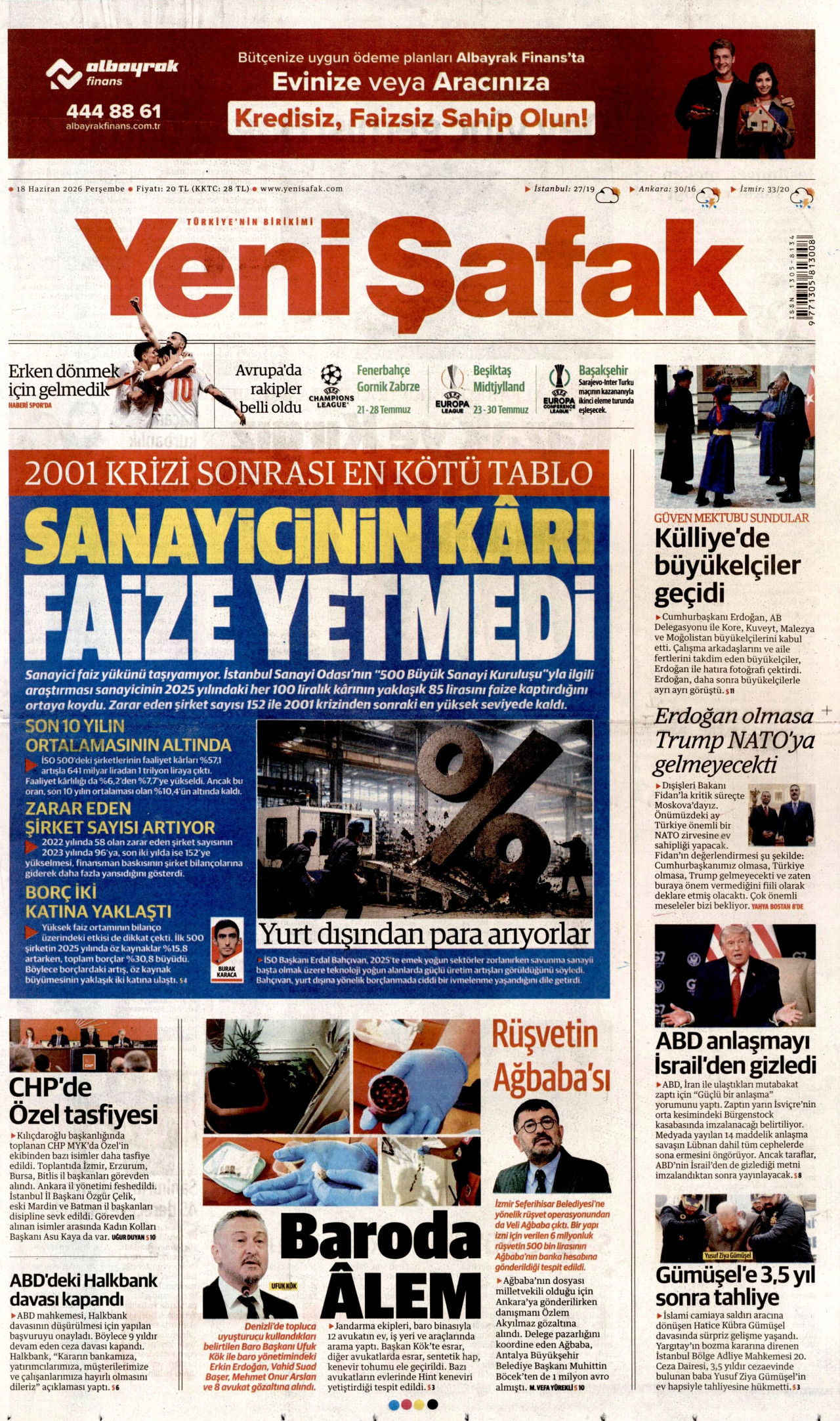 Yeni Şafak Gazetesi Manşeti - 18.06.2026