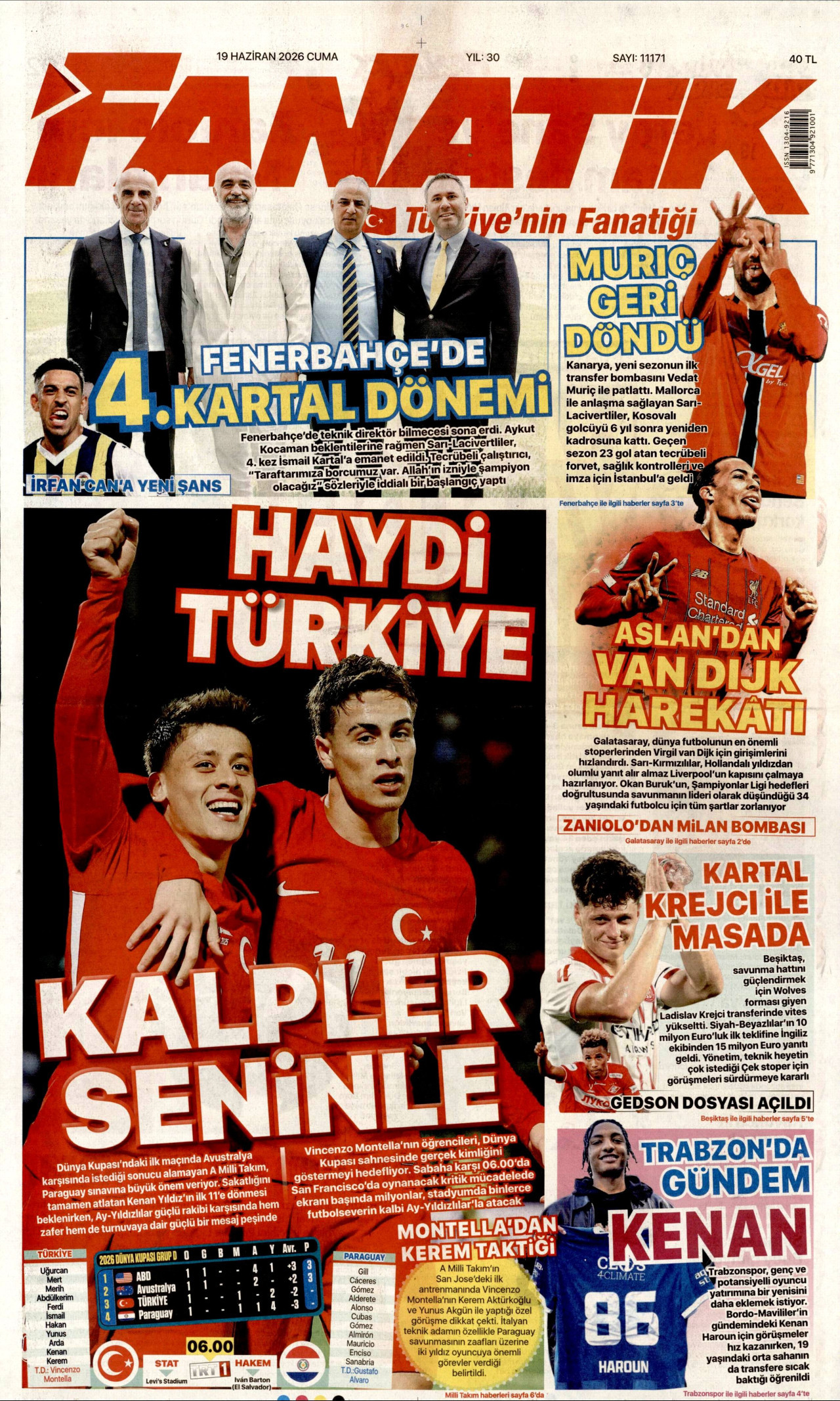Fanatik Gazetesi Manşeti - 19 Haziran 2026 Birinci Sayfa