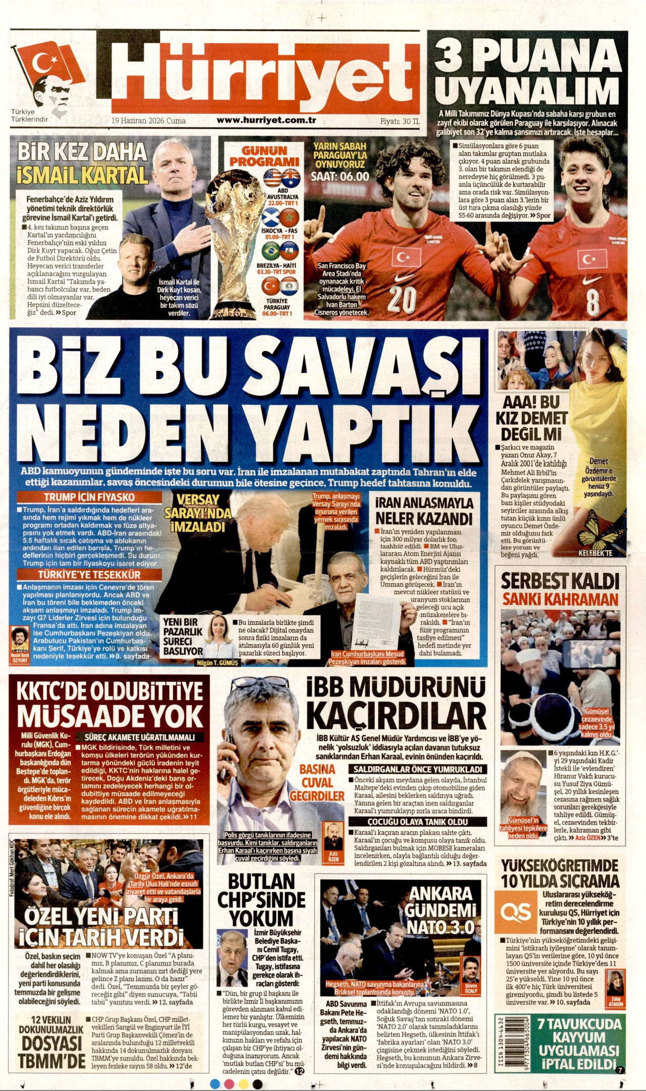Hürriyet Gazetesi Manşeti - 19 Haziran 2026 Birinci Sayfa