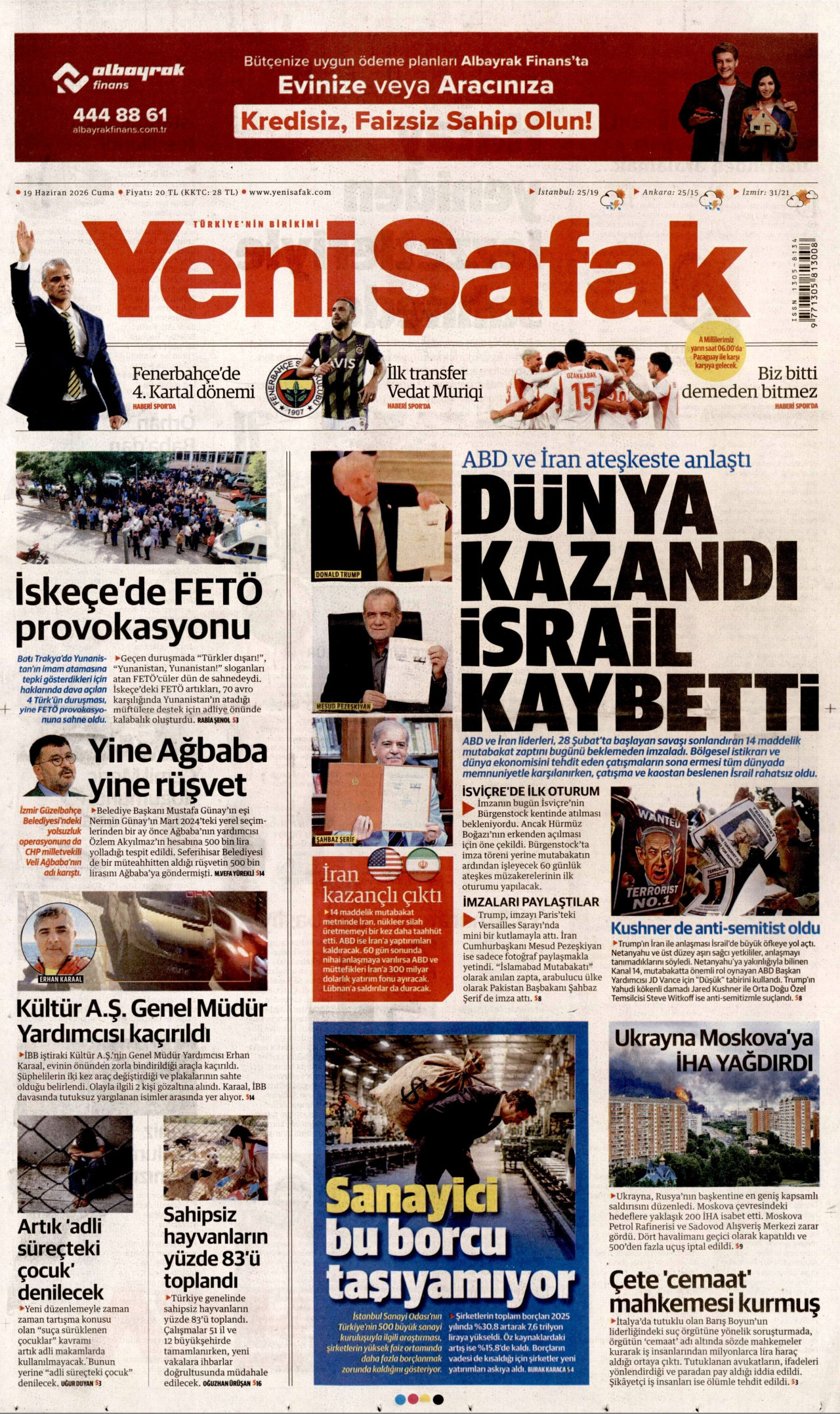 Yeni Şafak Gazetesi Manşeti - 19.06.2026