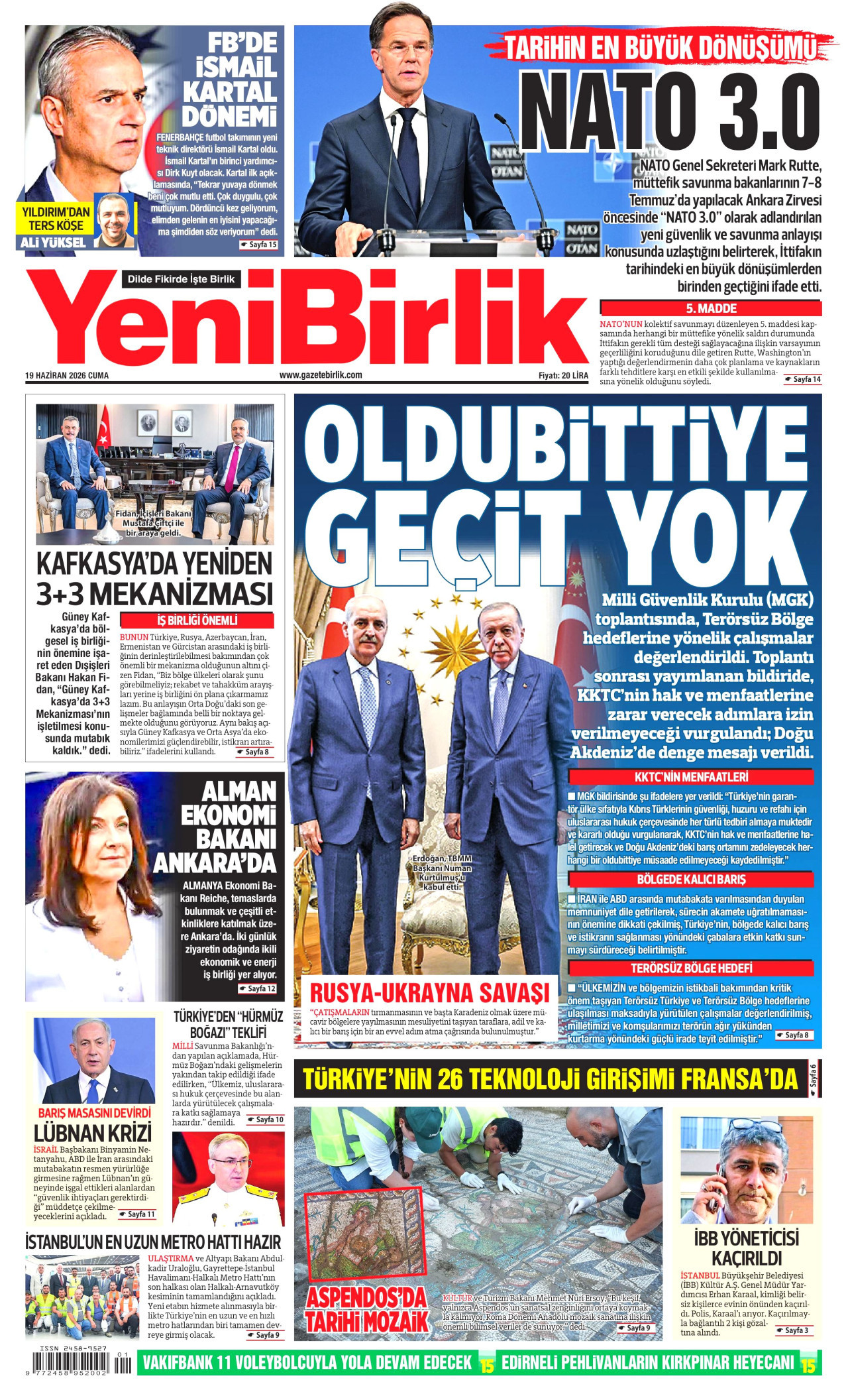 YeniBirlik Gazetesi Manşeti - 19 Haziran 2026 Birinci Sayfa
