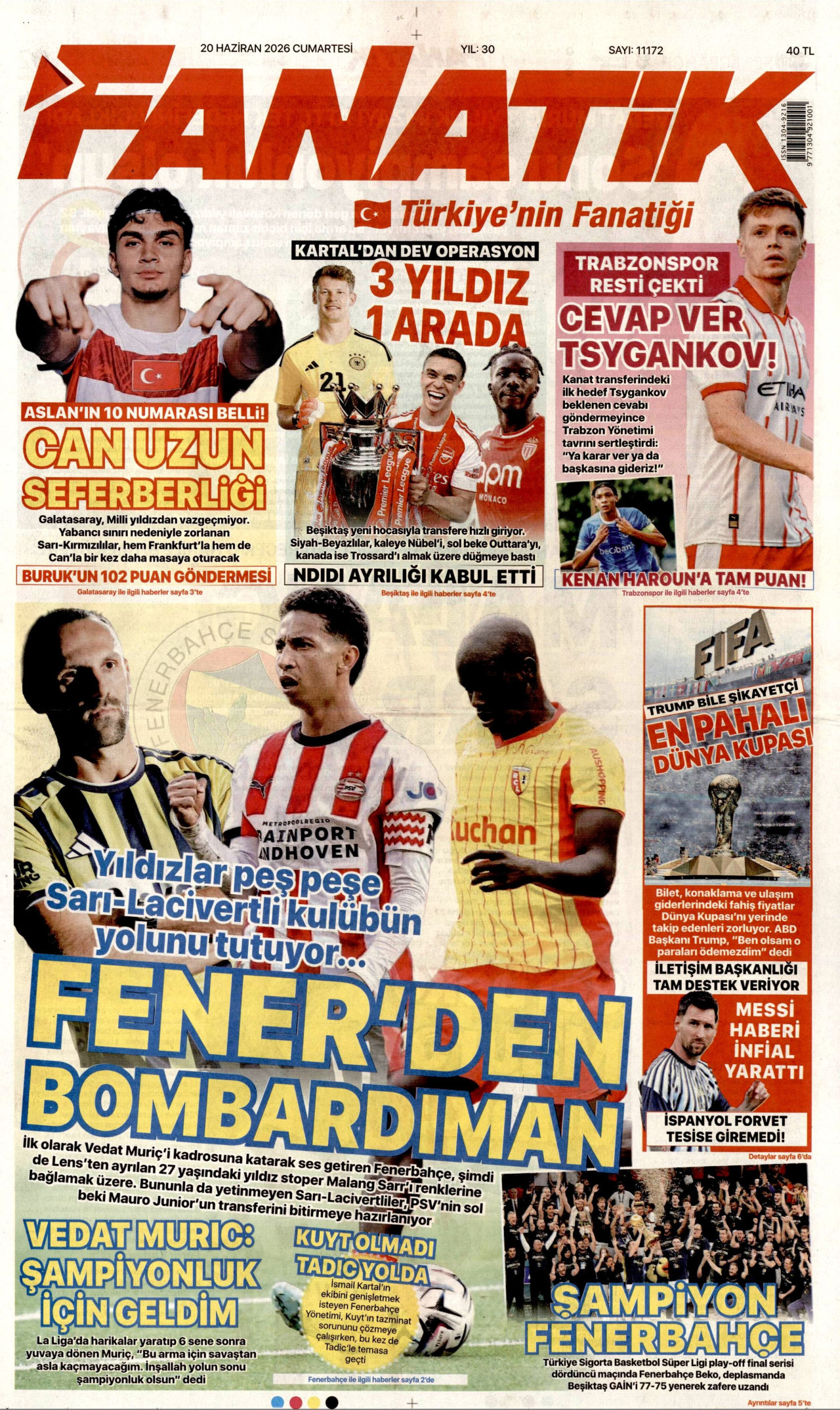 Fanatik Gazetesi Manşeti - 20 Haziran 2026 Birinci Sayfa
