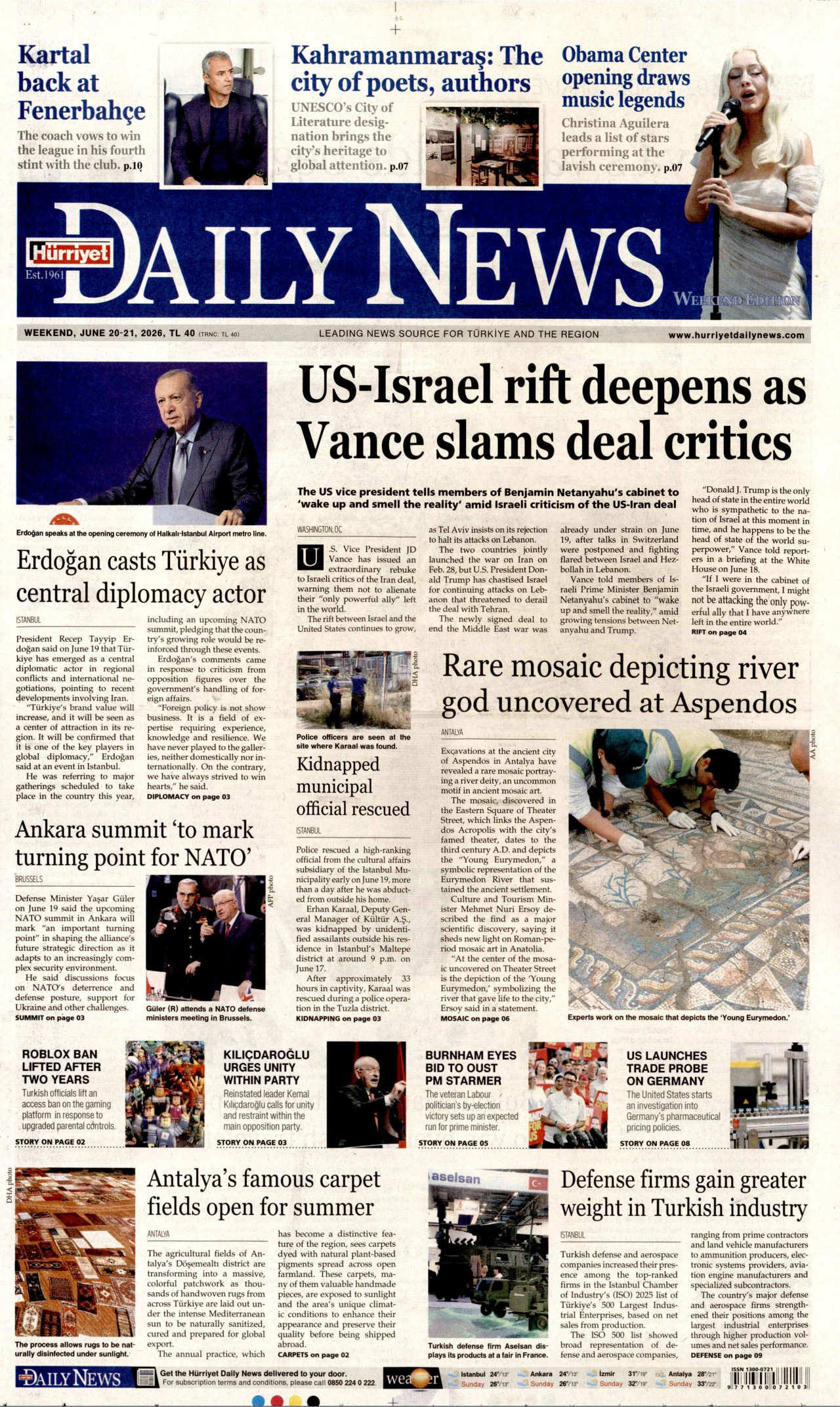 Hürriyet Daily News gazete manşeti 20 Haziran 2026 Cumartesi