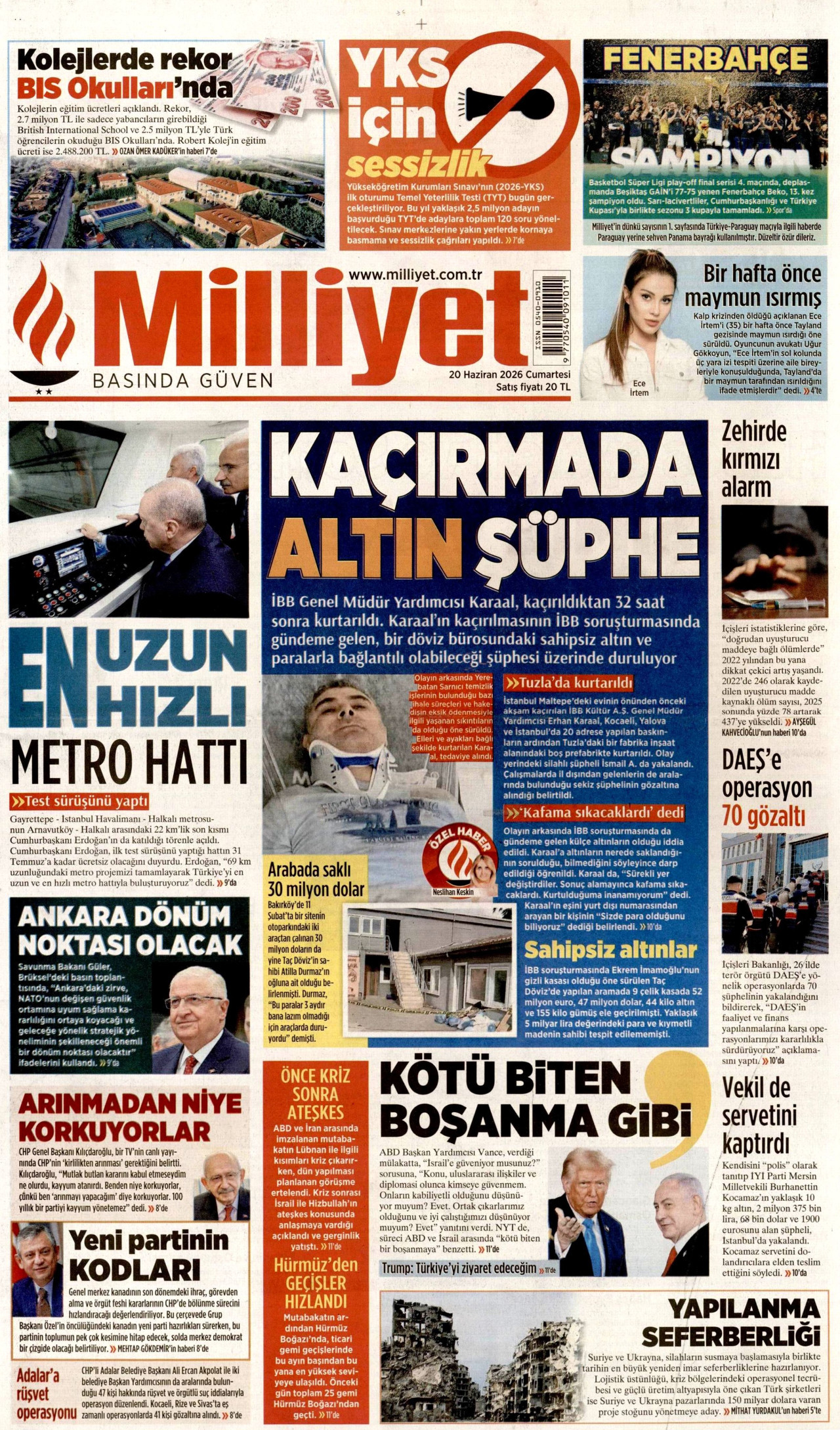 Milliyet Gazetesi Manşeti - 20.06.2026