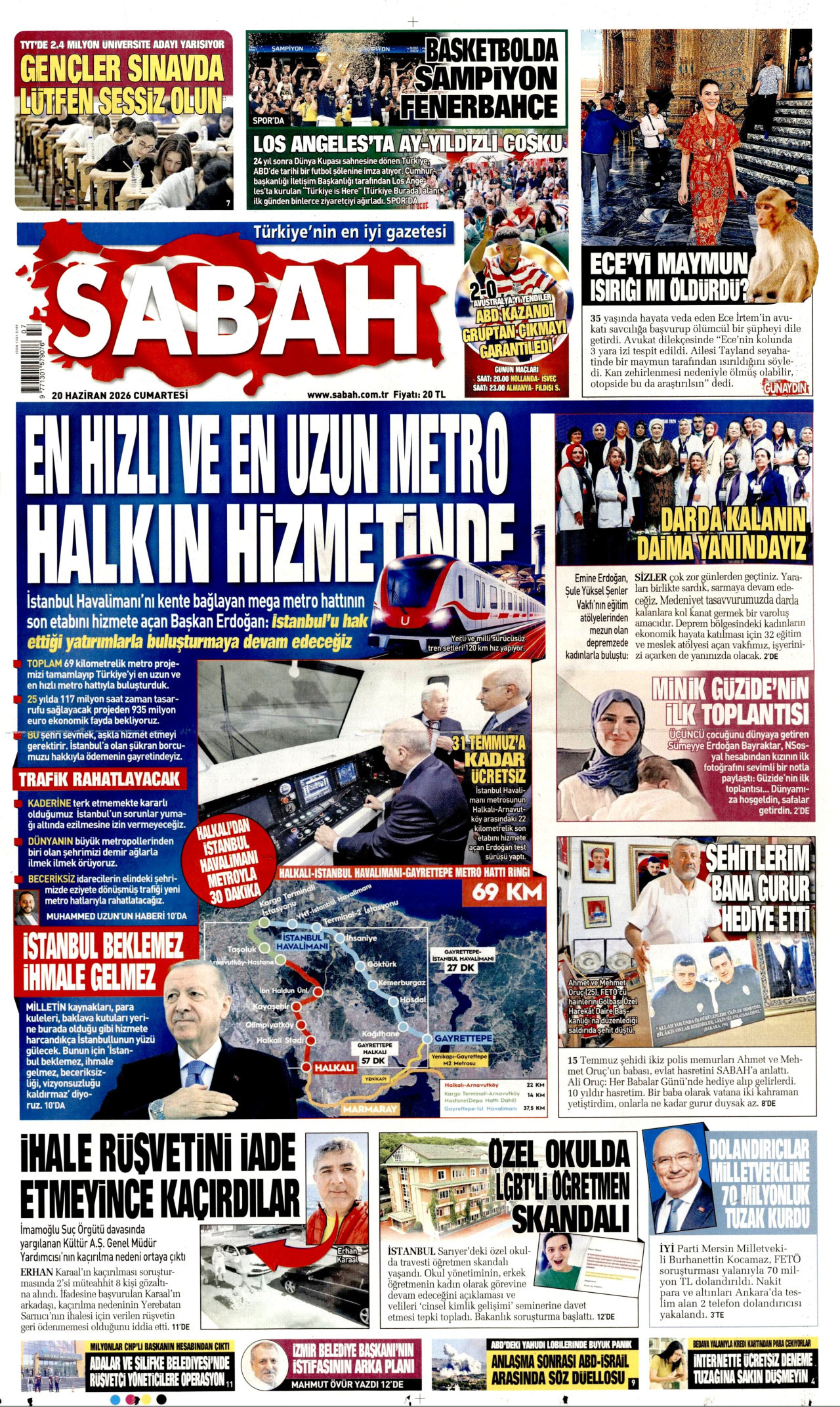 Sabah Gazetesi Manşeti - 20.06.2026