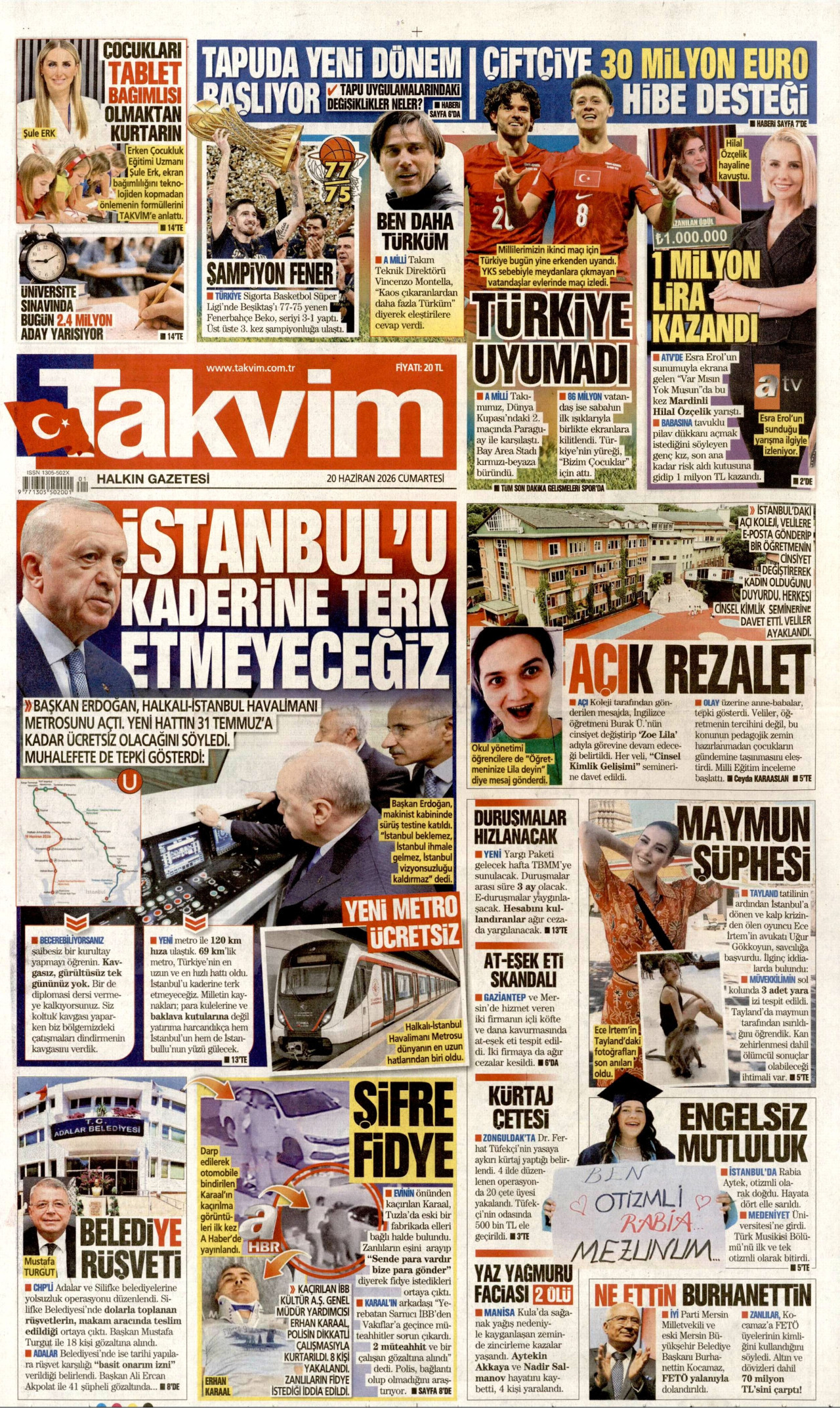 Takvim Gazetesi Manşeti - 20.06.2026