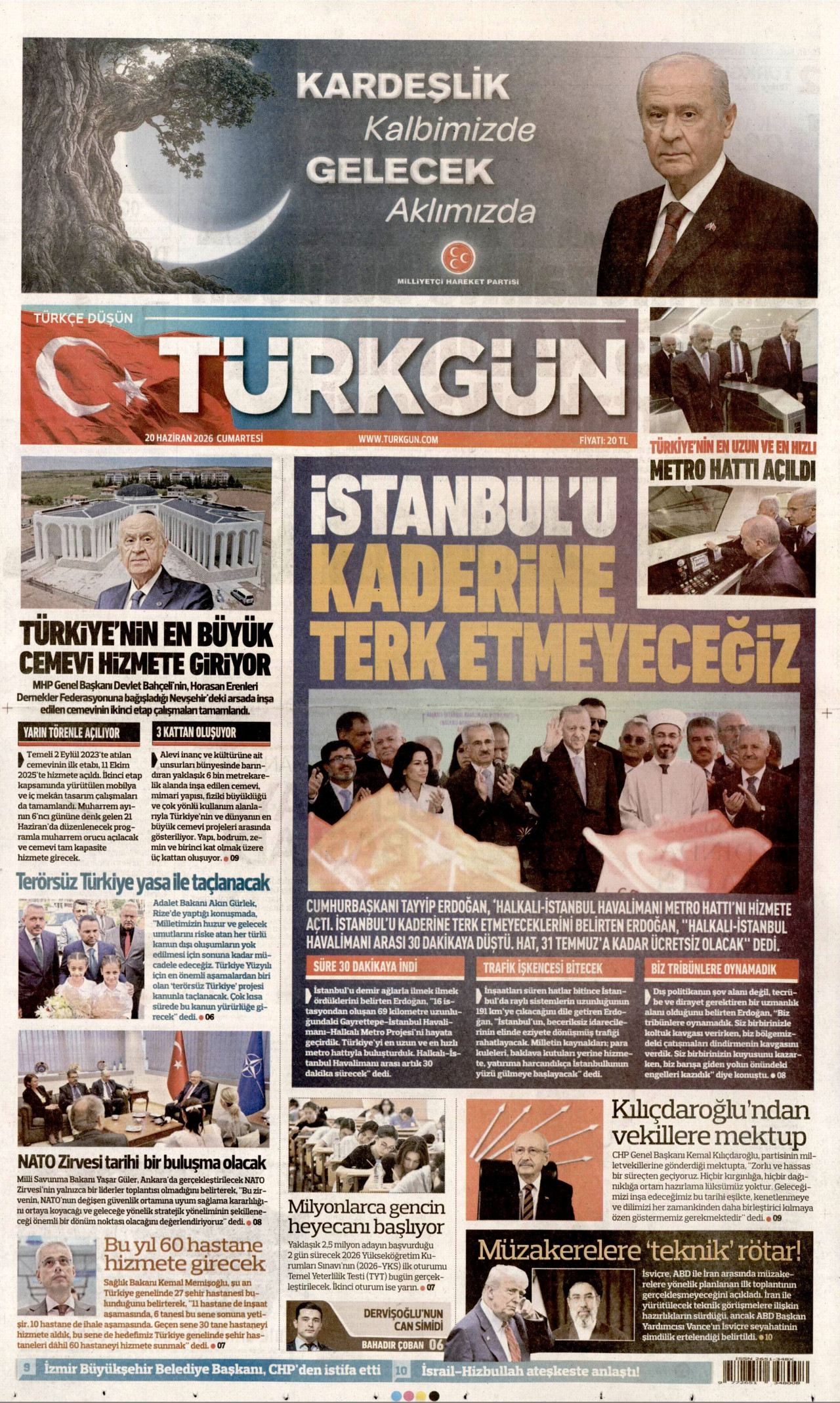Türkgün Gazetesi Manşeti - 20.06.2026