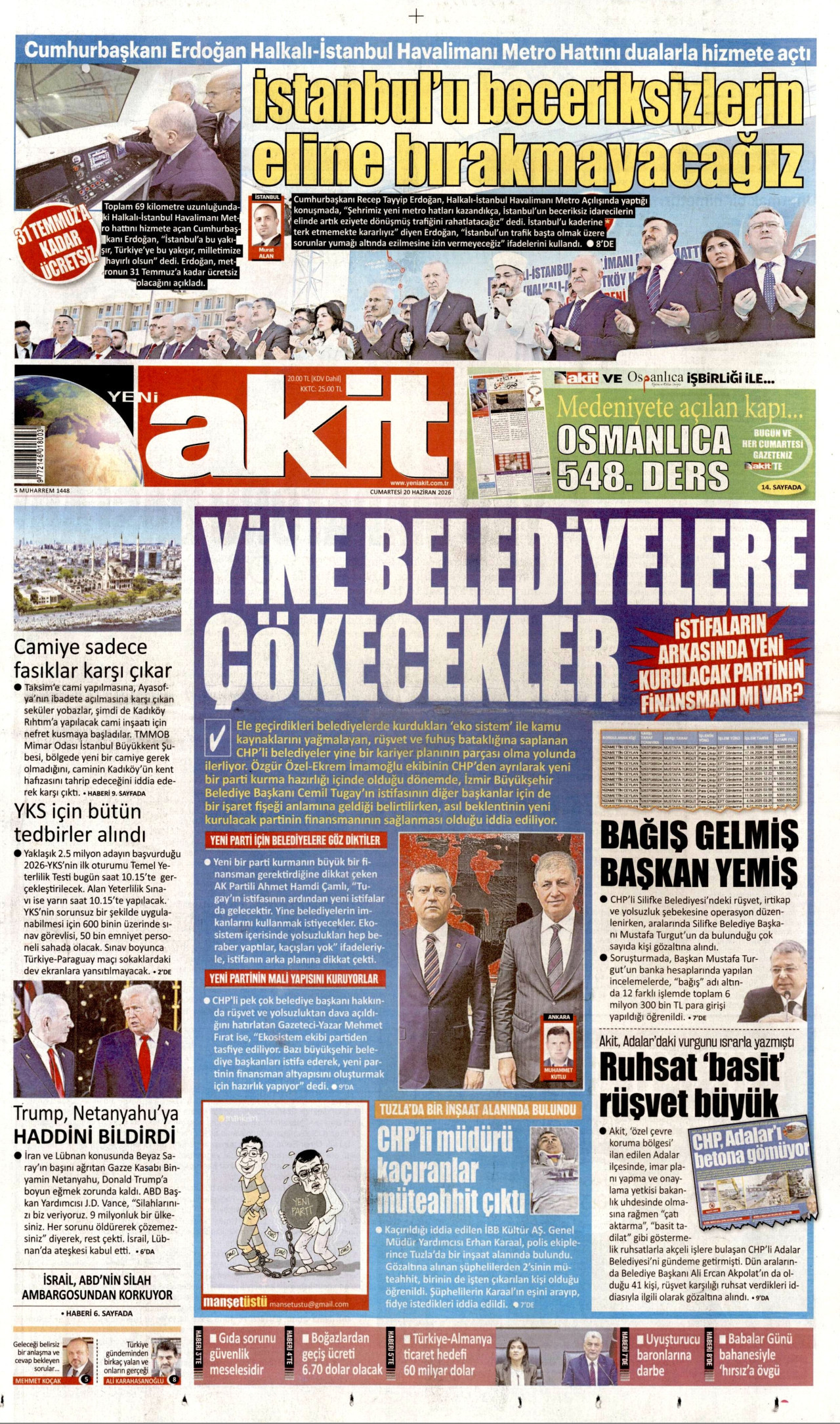 Yeni Akit Gazetesi Manşeti - 20 Haziran 2026 Birinci Sayfa