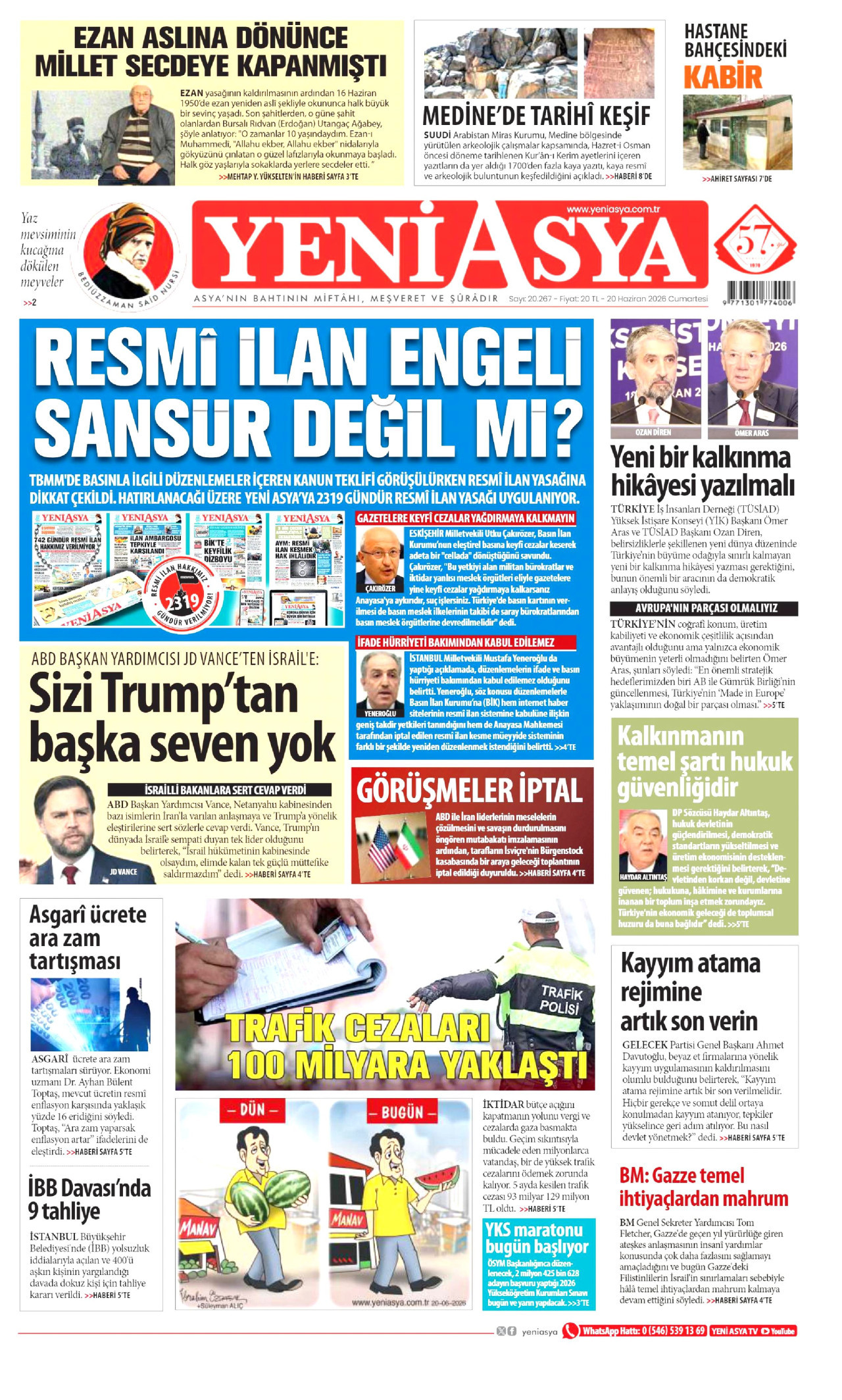 Yeni Asya Gazetesi Manşeti - 20.06.2026