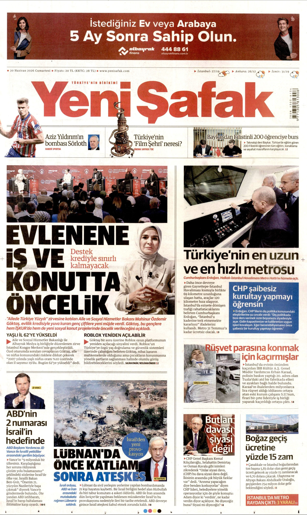Yeni Şafak Gazetesi Manşeti - 20.06.2026