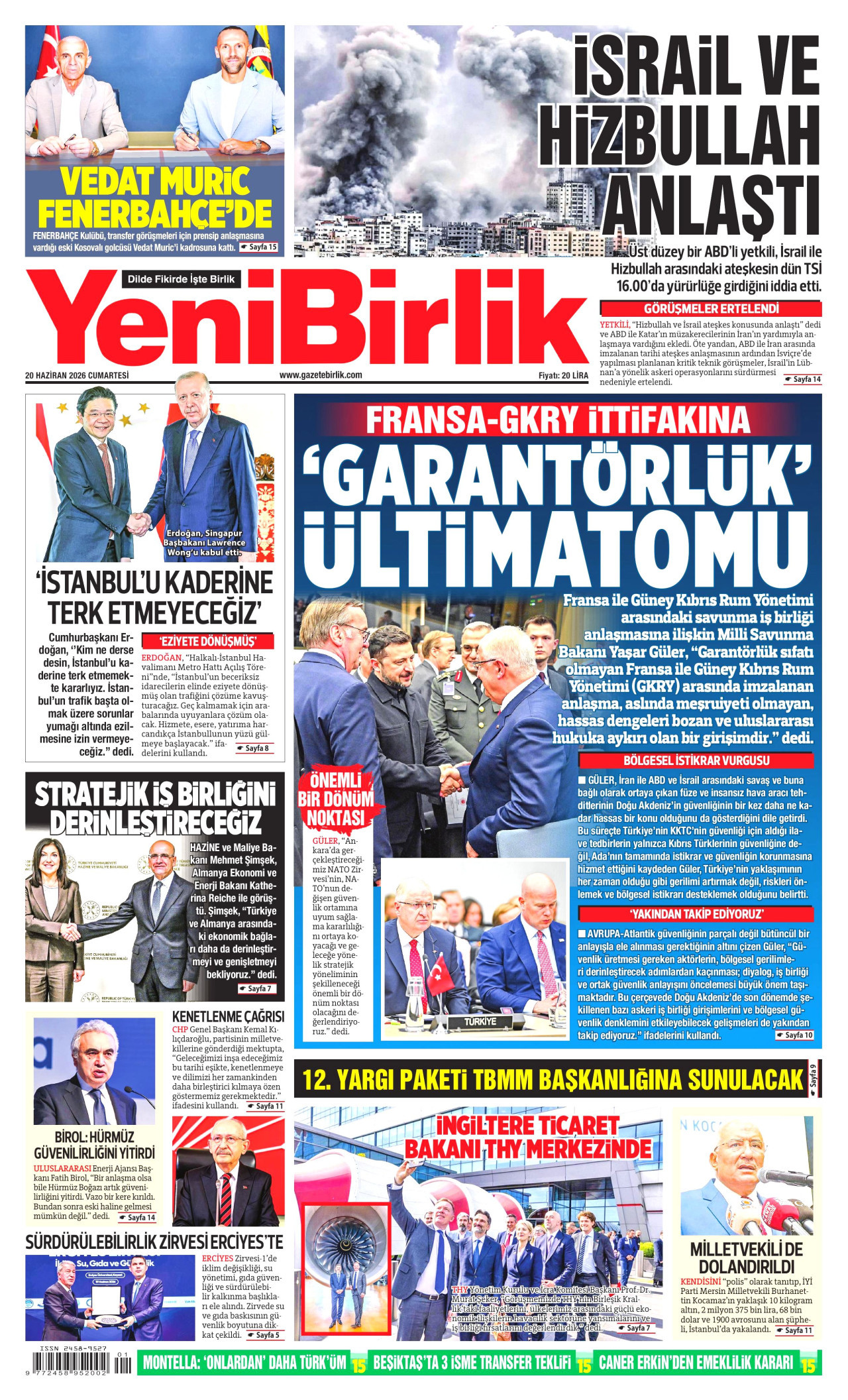YeniBirlik Gazetesi Manşeti - 20 Haziran 2026 Birinci Sayfa