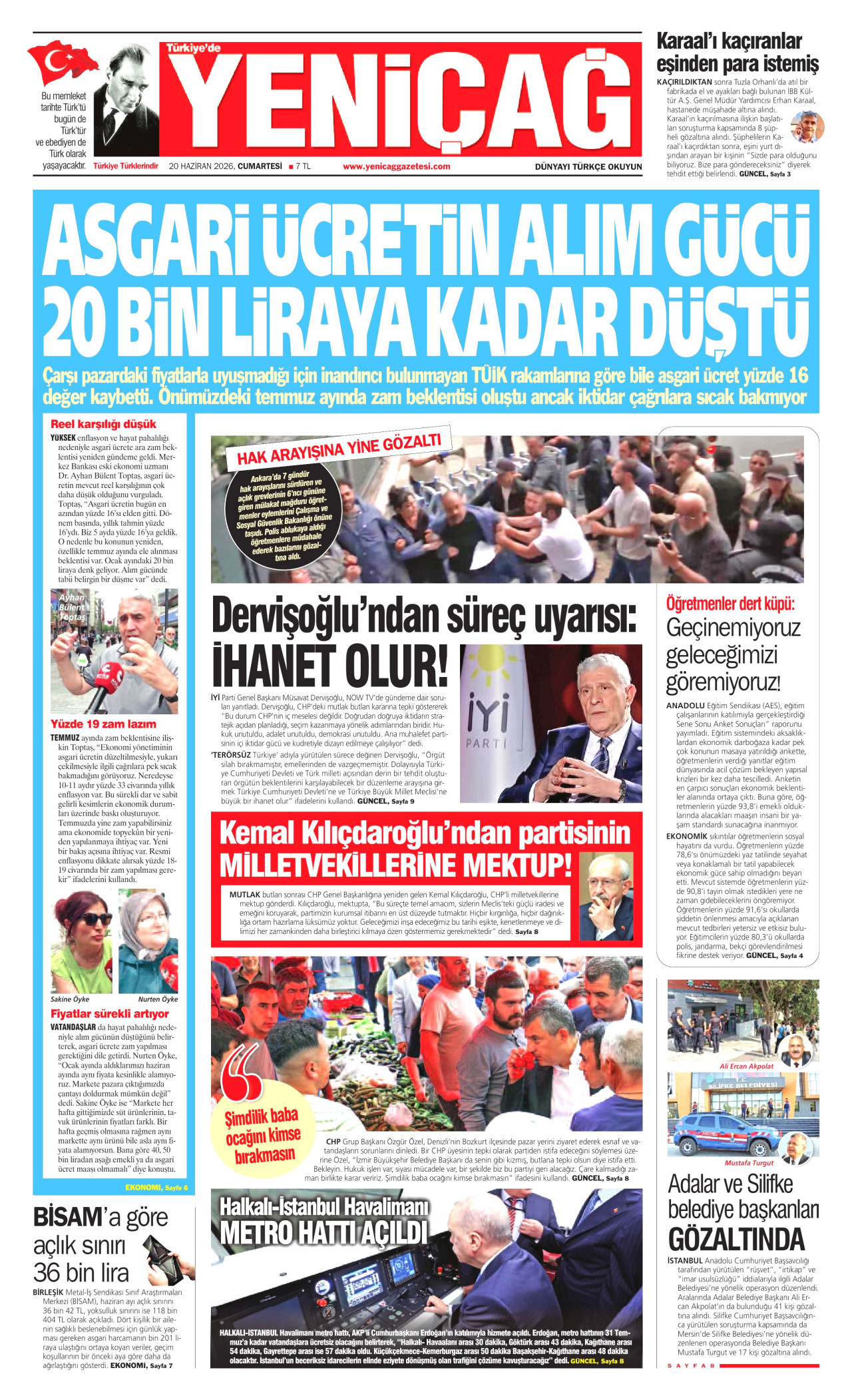 Yeniçağ Gazetesi Manşeti - 20.06.2026