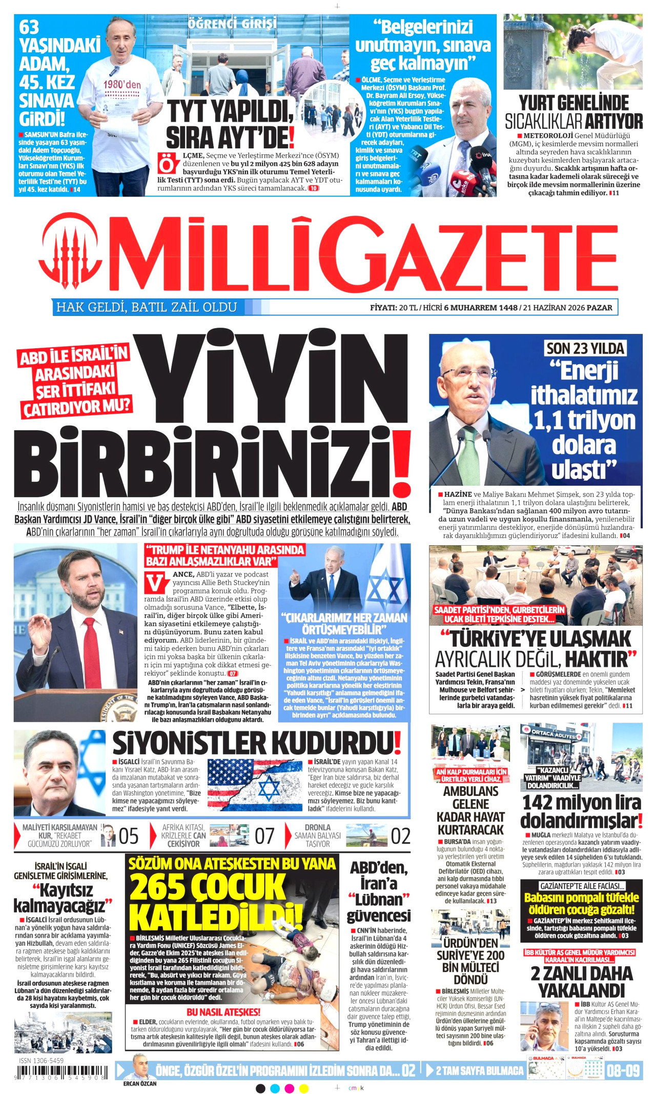 Milli Gazete Gazetesi Manşeti - 21.06.2026