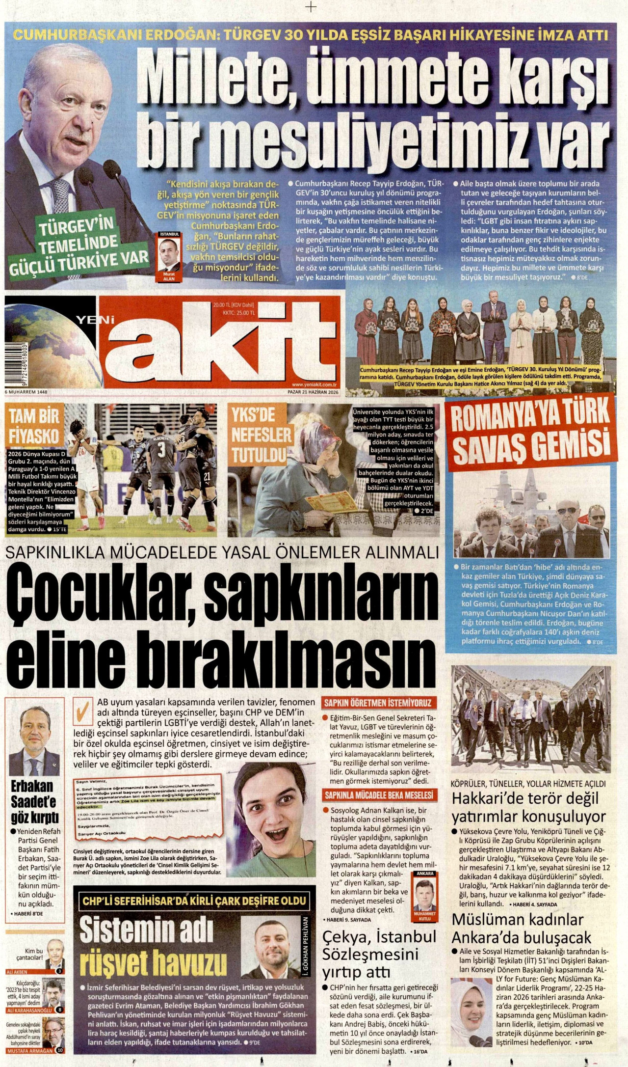 Yeni Akit Gazetesi Manşeti - 21 Haziran 2026 Birinci Sayfa