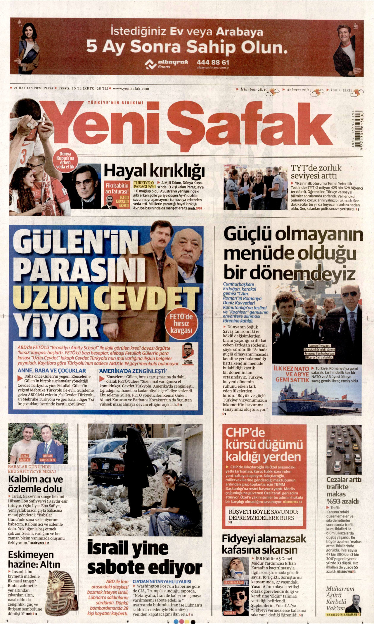Yeni Şafak Gazetesi Manşeti - 21.06.2026