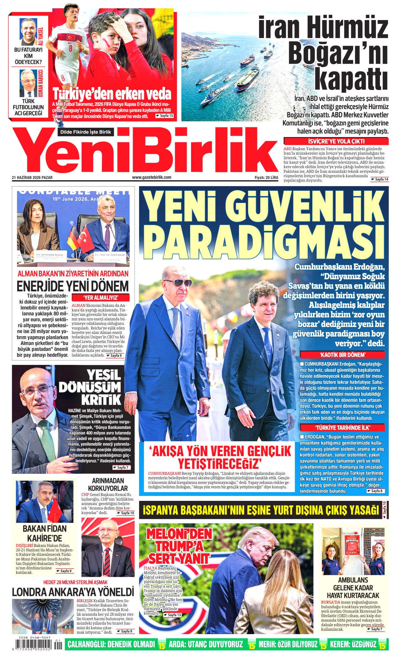 YeniBirlik Gazetesi Manşeti - 21 Haziran 2026 Birinci Sayfa