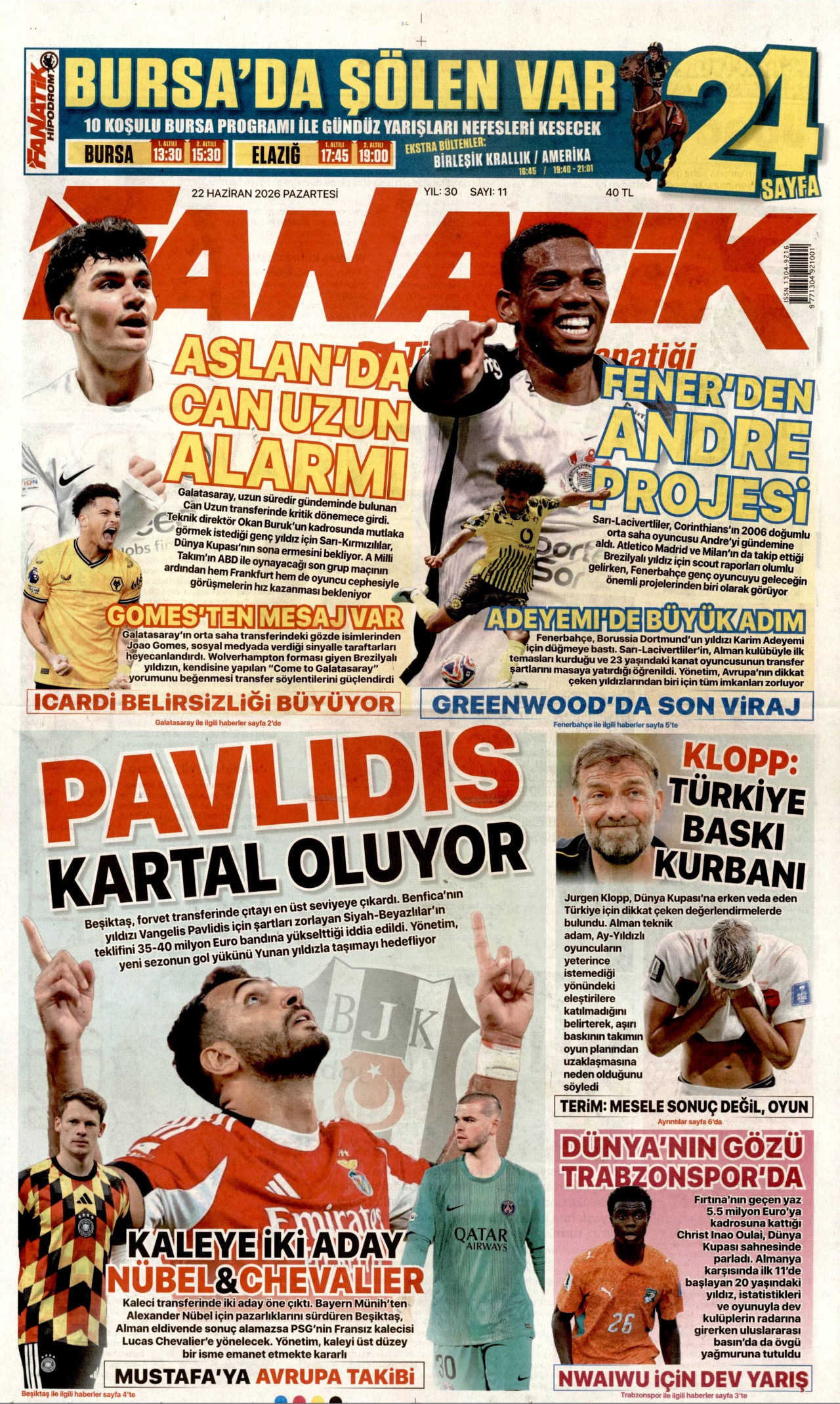 Fanatik Gazetesi Manşeti - 22 Haziran 2026 Birinci Sayfa