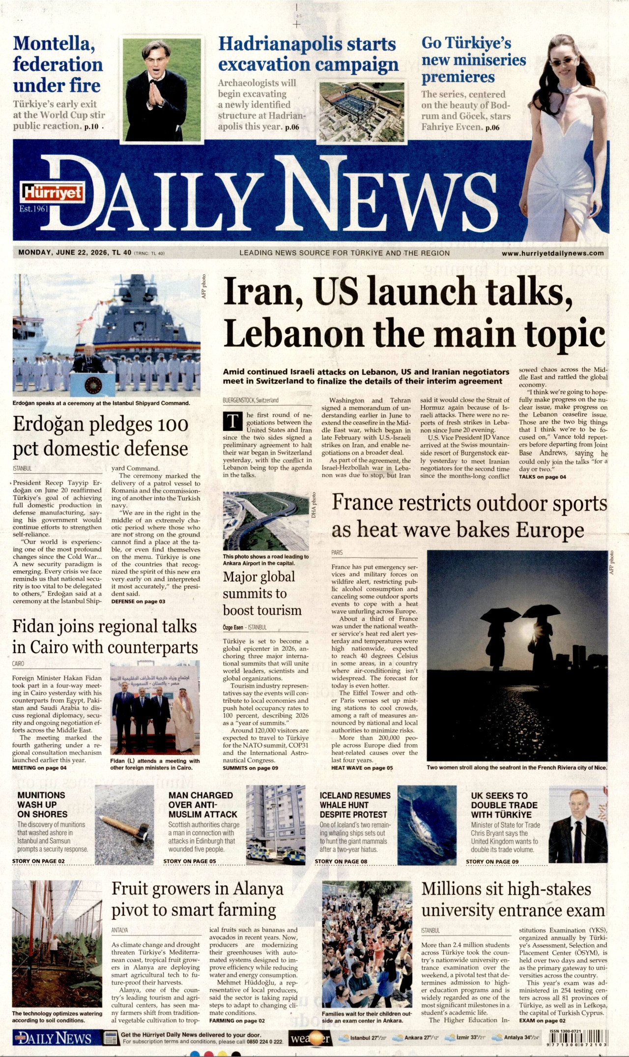 Hürriyet Daily News Gazetesi Manşeti - 22.06.2026