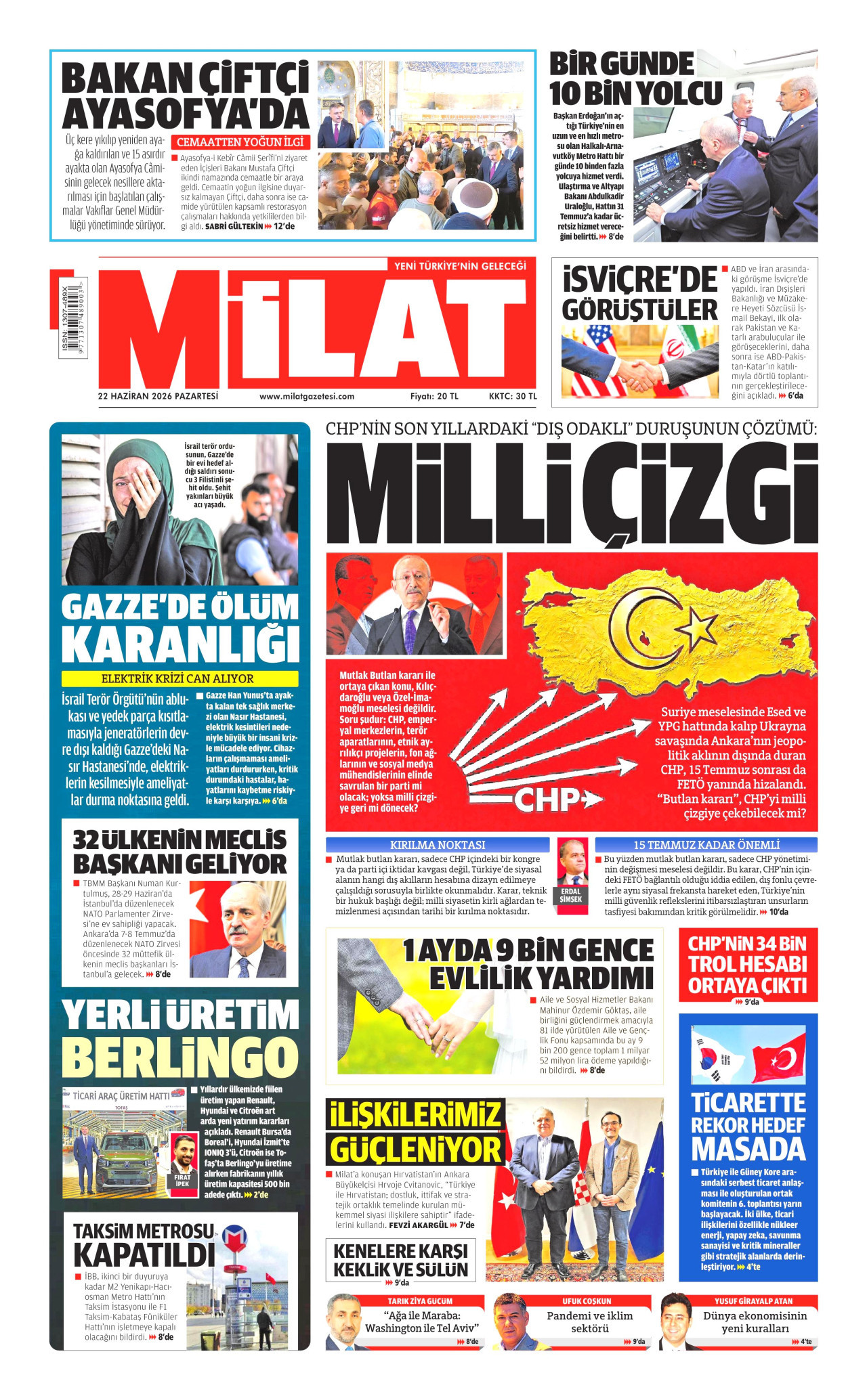 Milat Gazetesi Manşeti - 22.06.2026