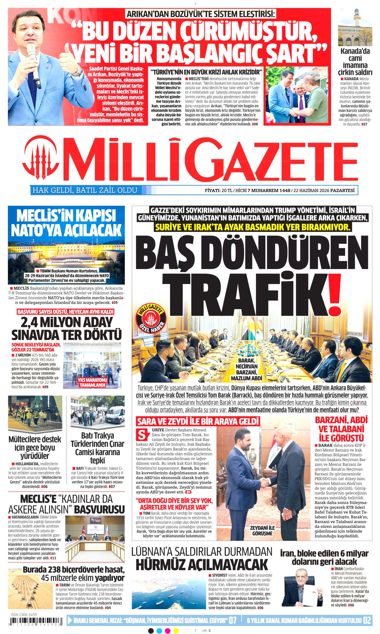 Milli Gazete Gazetesi Manşeti - 22.06.2026
