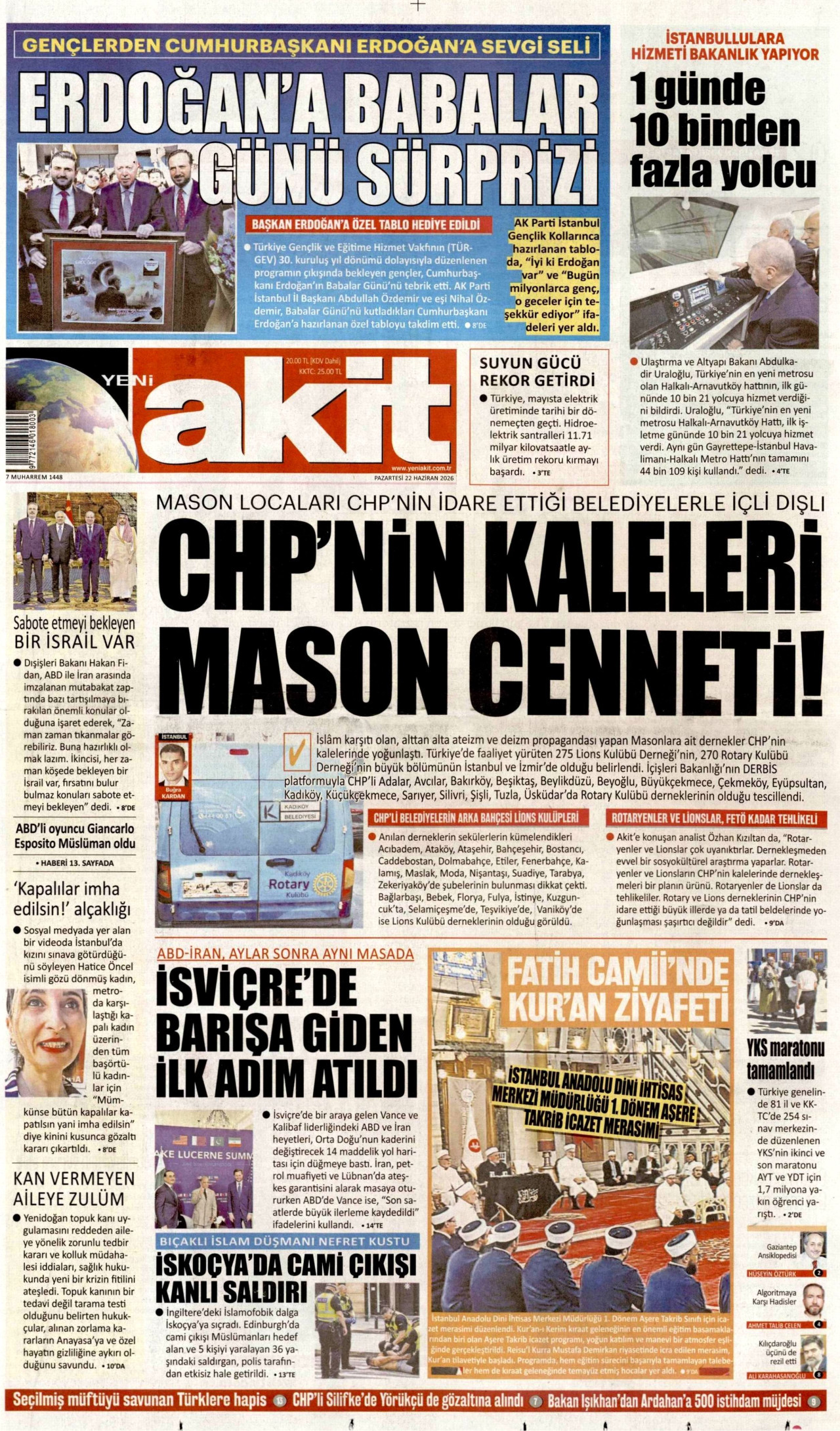 Yeni Akit Gazetesi Manşeti - 22 Haziran 2026 Birinci Sayfa