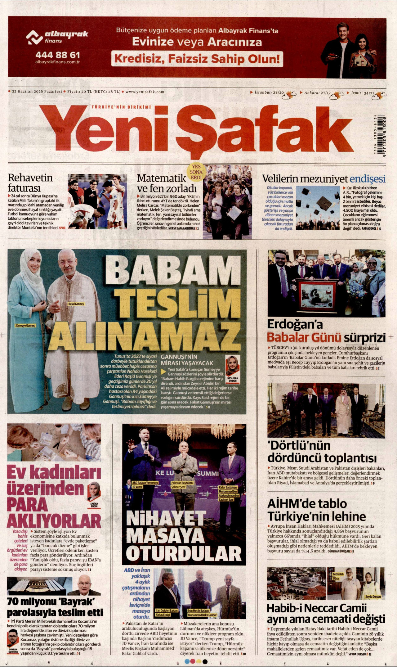 Yeni Şafak Gazetesi Manşeti - 22.06.2026