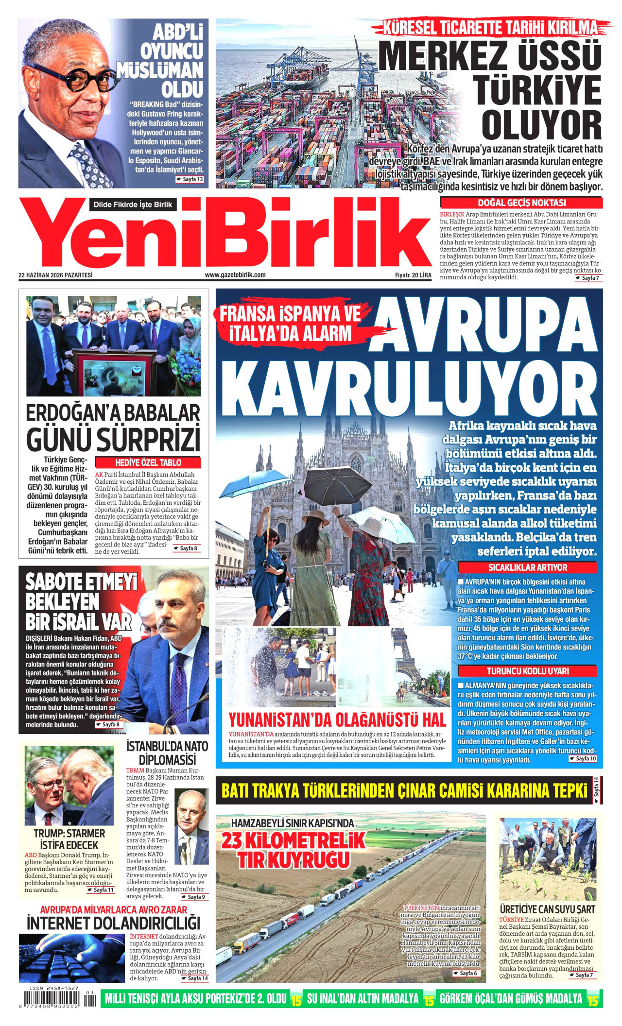 YeniBirlik Gazetesi Manşeti - 22 Haziran 2026 Birinci Sayfa