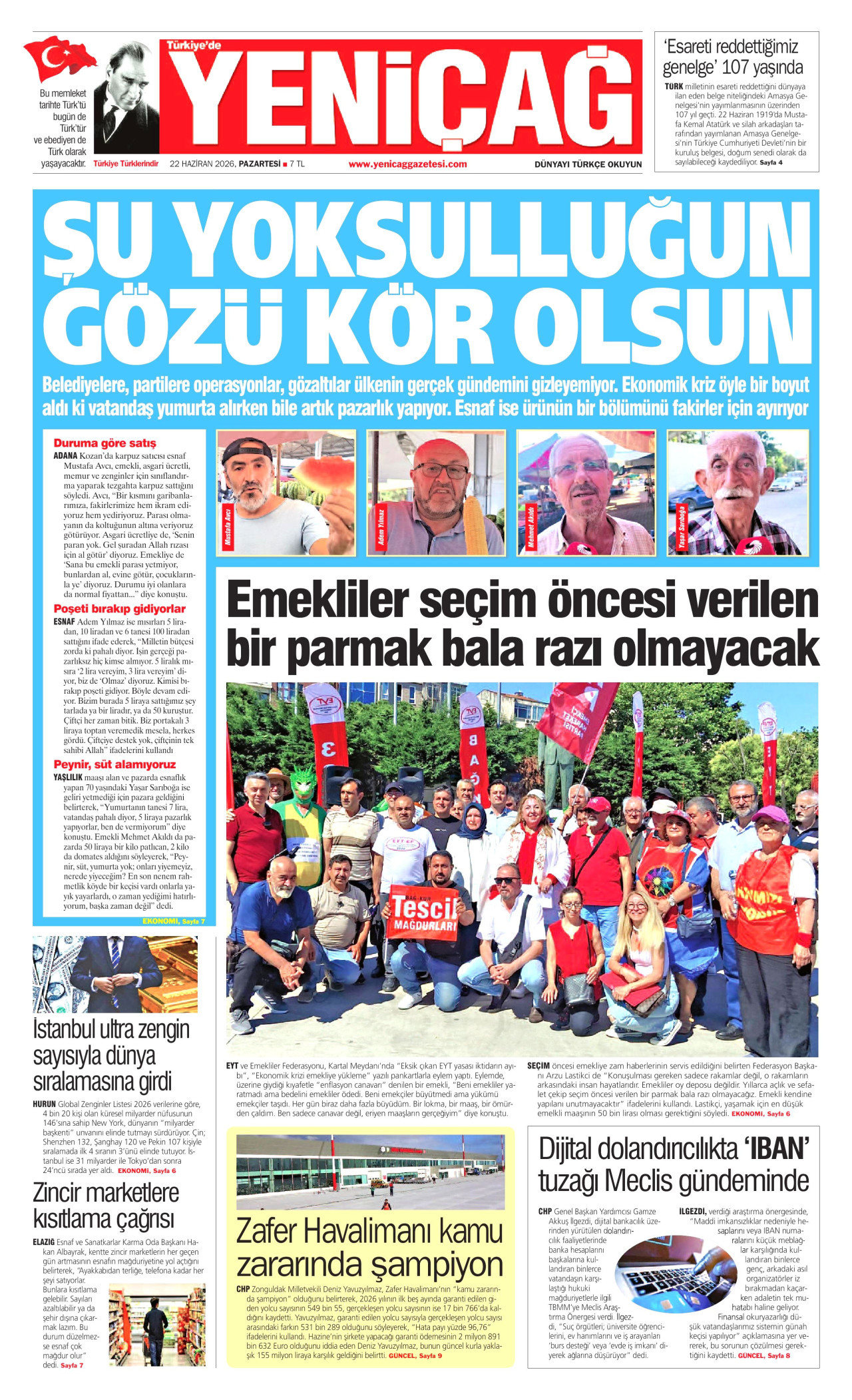 Yeniçağ Gazetesi Manşeti - 22.06.2026