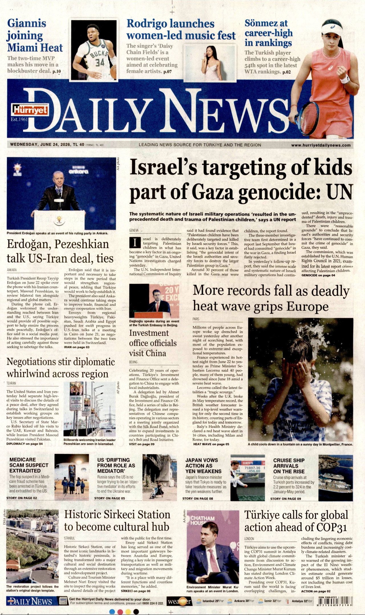 Hürriyet Daily News Gazetesi Manşeti - 24.06.2026