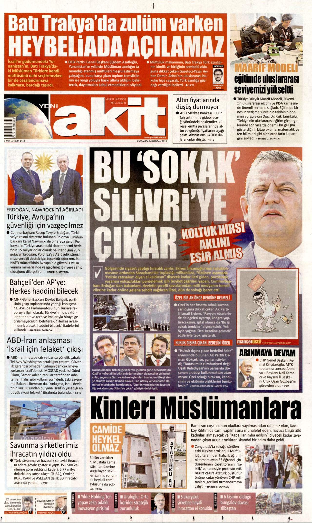 Yeni Akit Gazetesi Manşeti - 24 Haziran 2026 Birinci Sayfa