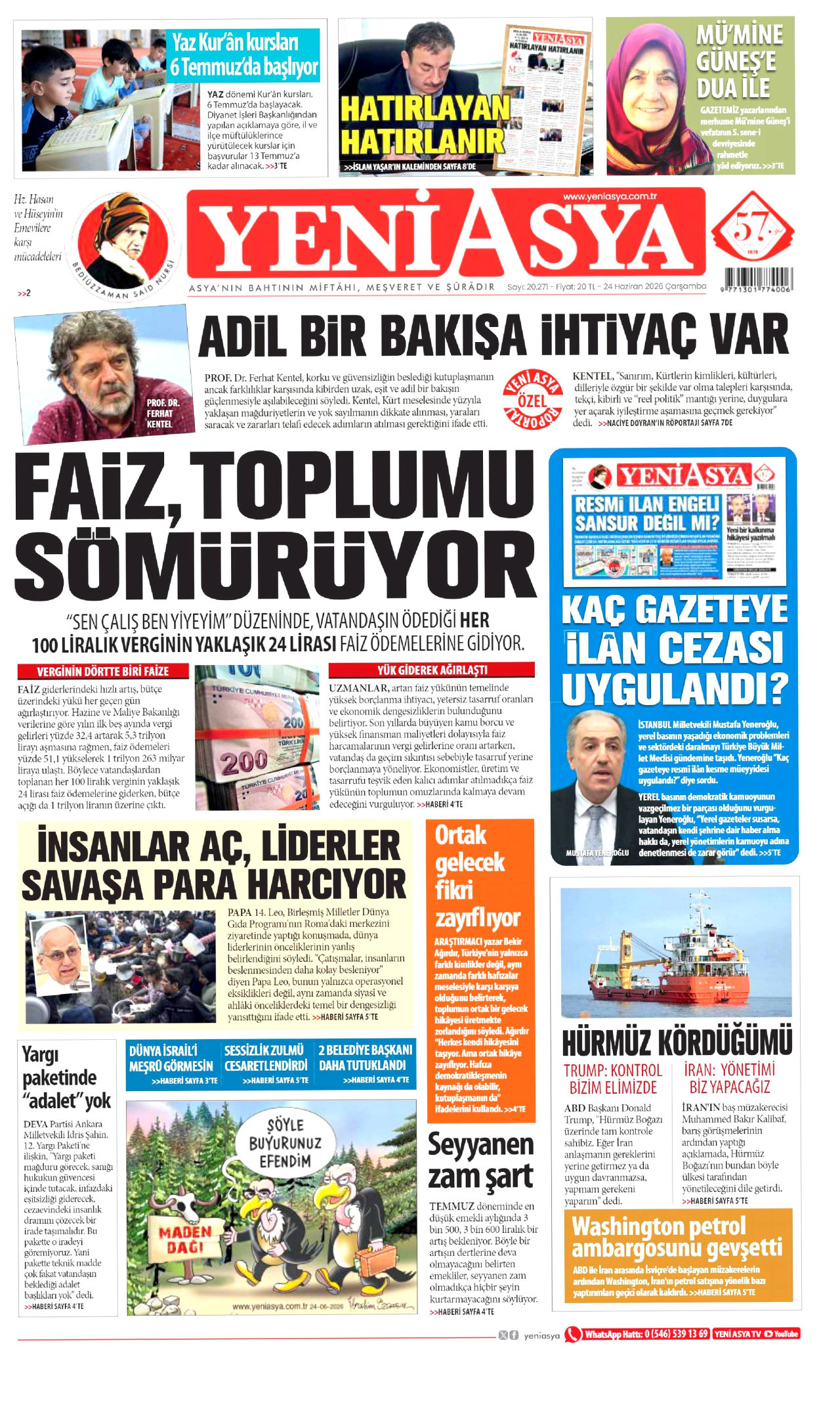 Yeni Asya Gazetesi Manşeti - 24.06.2026