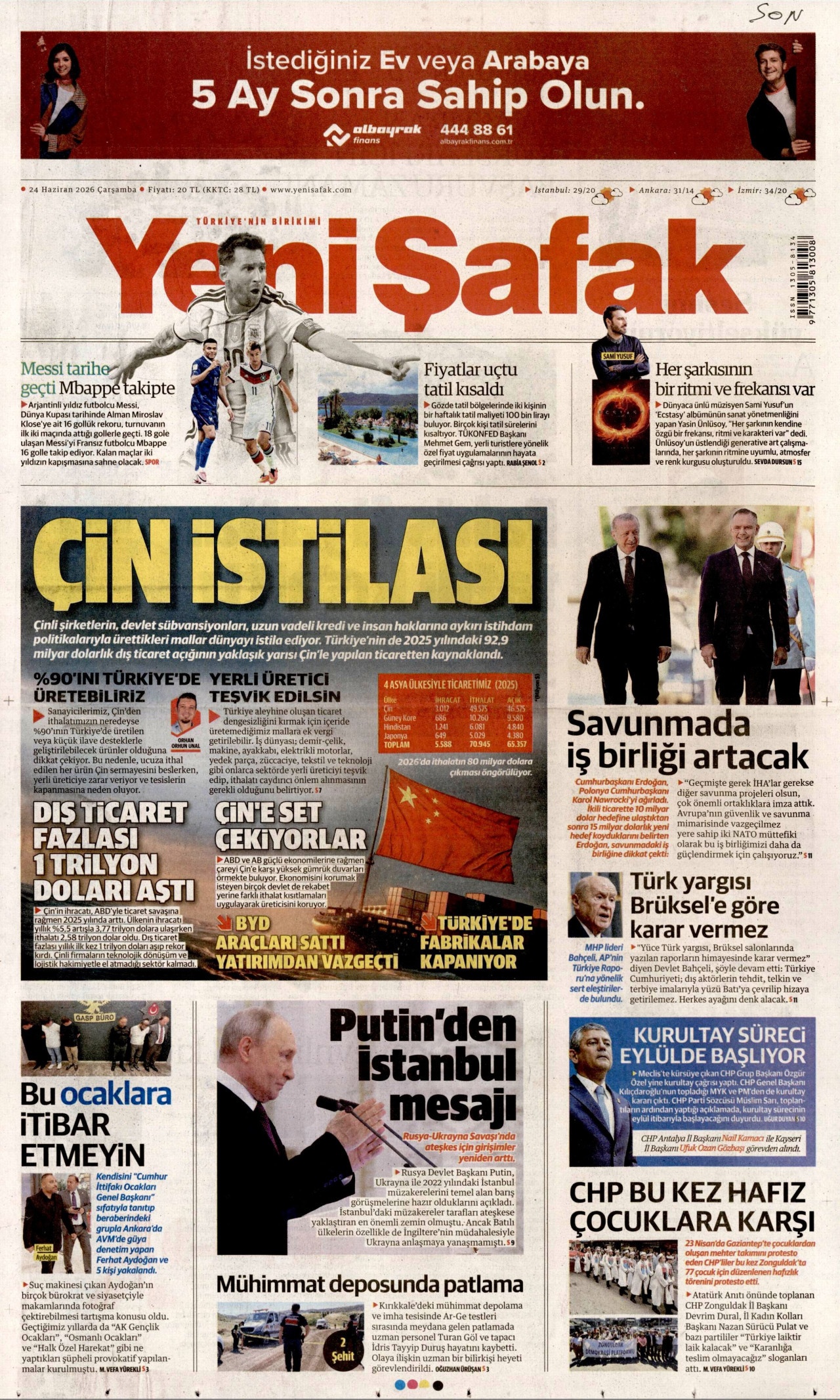 Yeni Şafak Gazetesi Manşeti - 24.06.2026