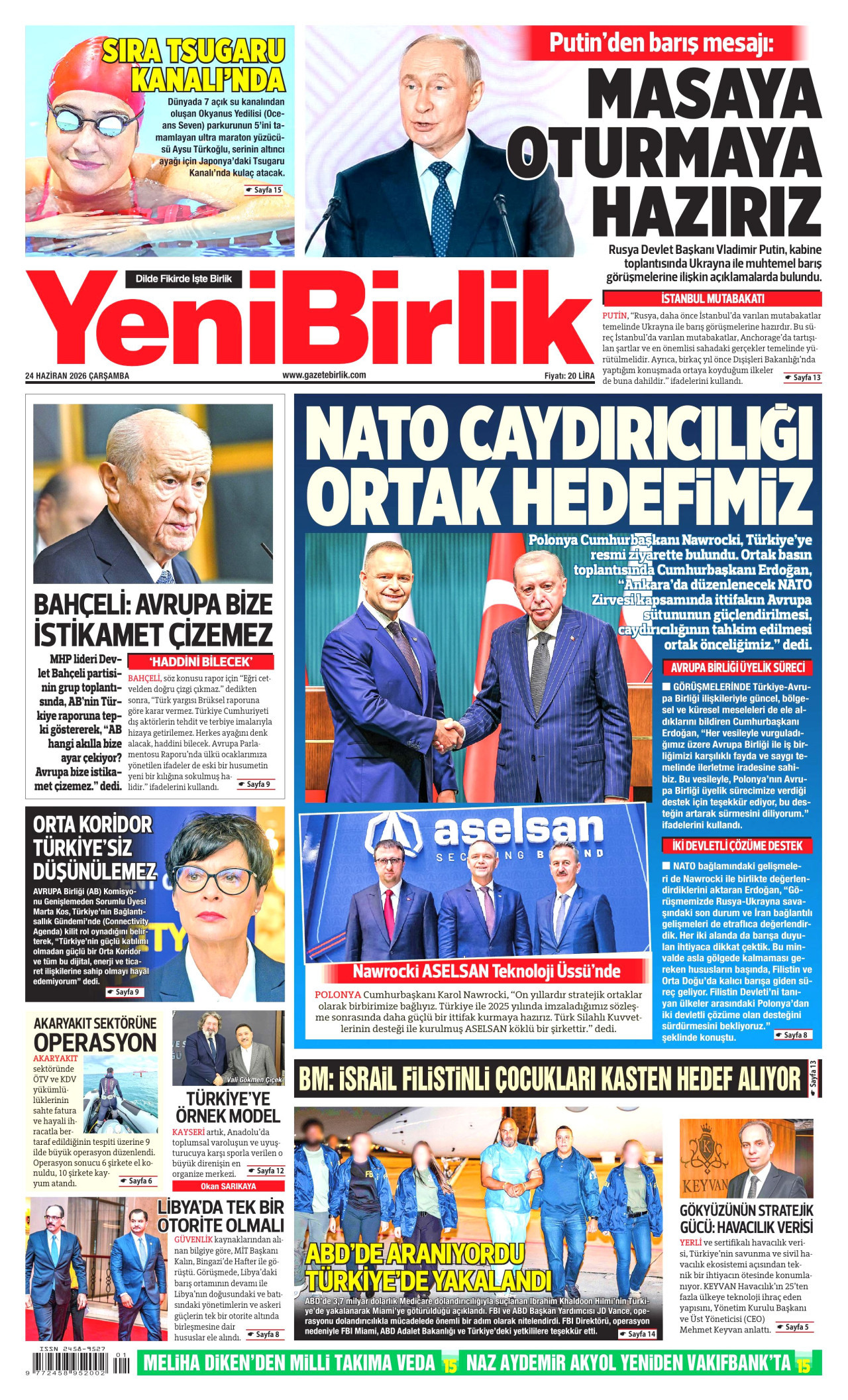 YeniBirlik Gazetesi Manşeti - 24 Haziran 2026 Birinci Sayfa