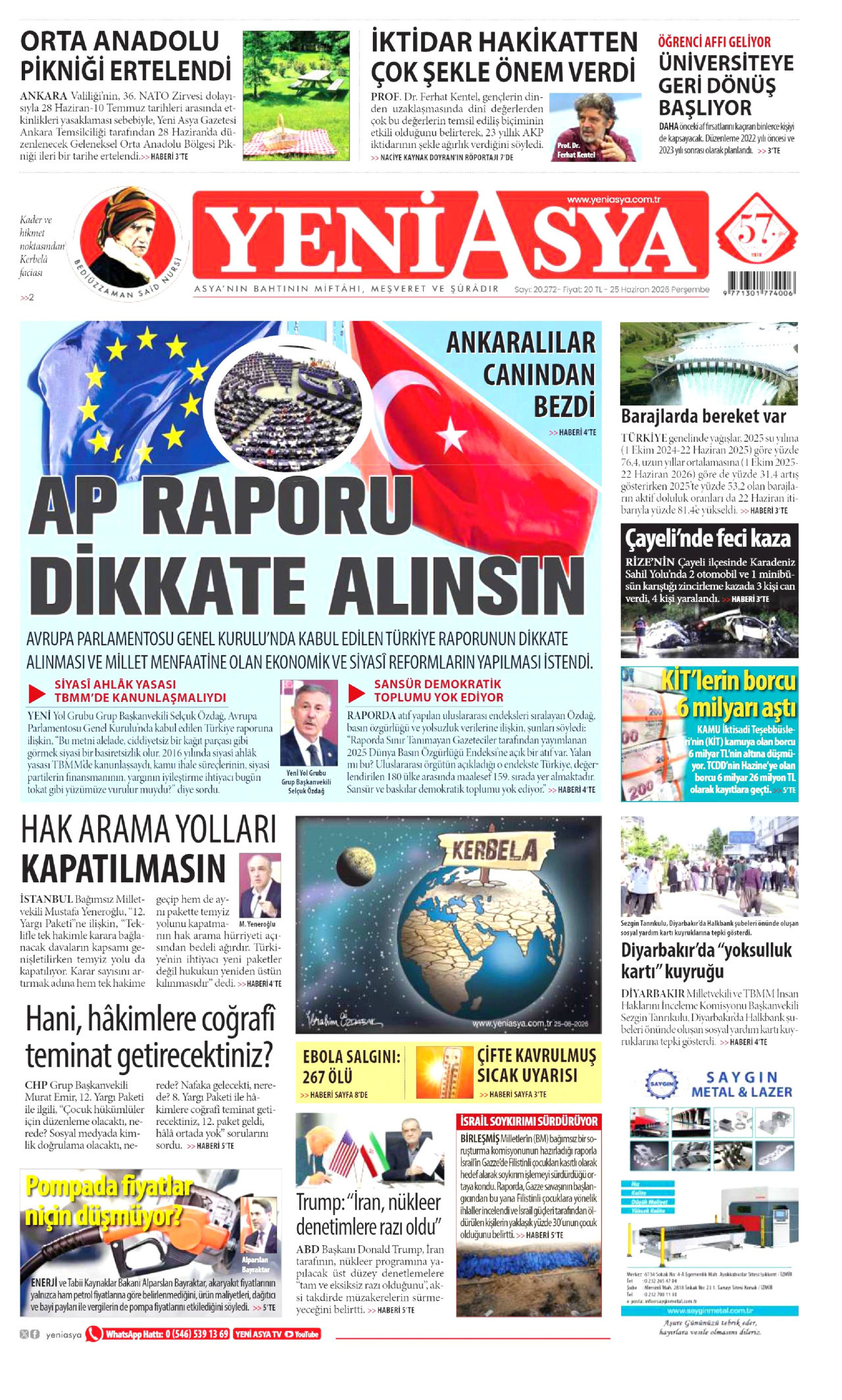 Yeni Asya Gazetesi Manşeti - 25.06.2026