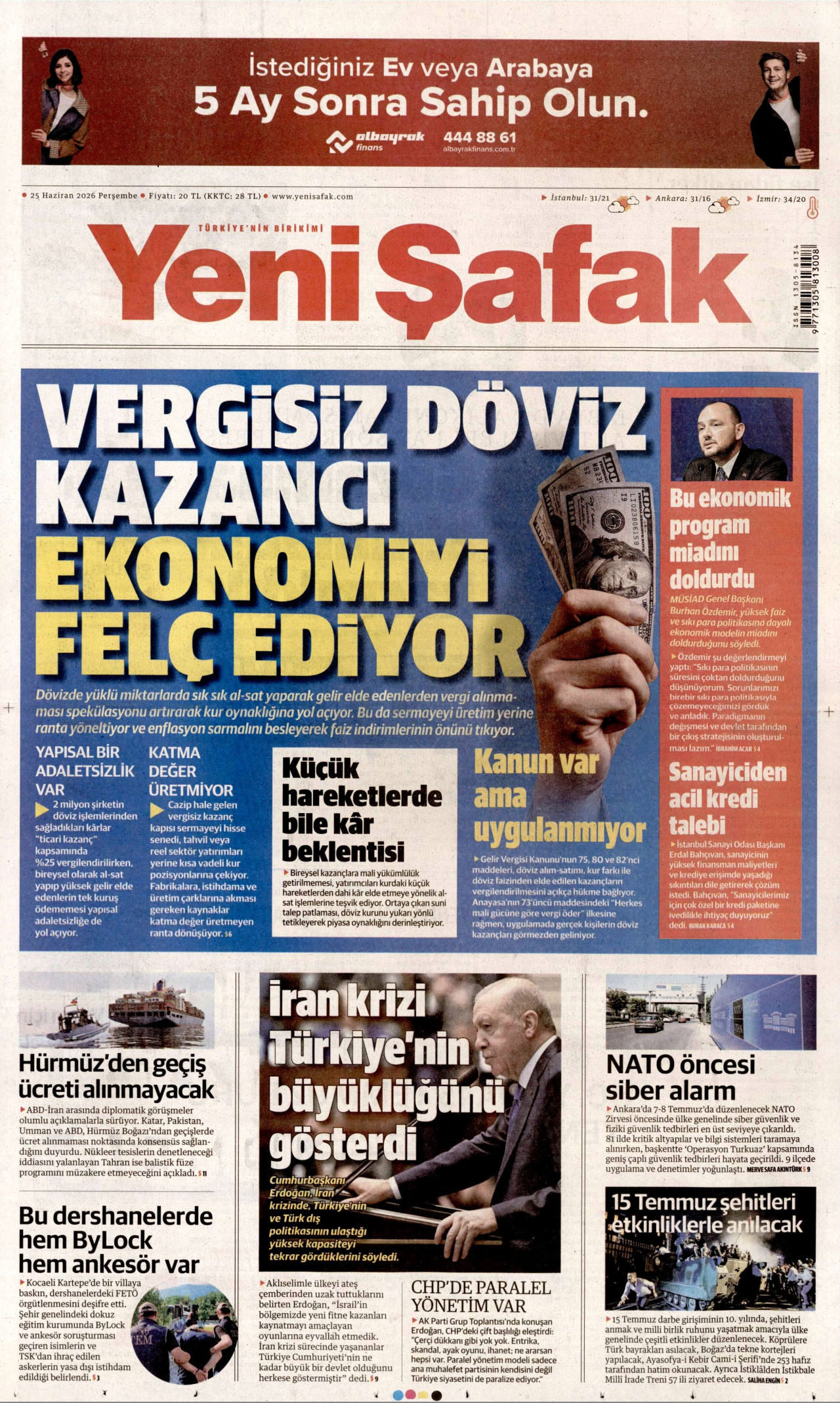 Yeni Şafak Gazetesi Manşeti - 25.06.2026